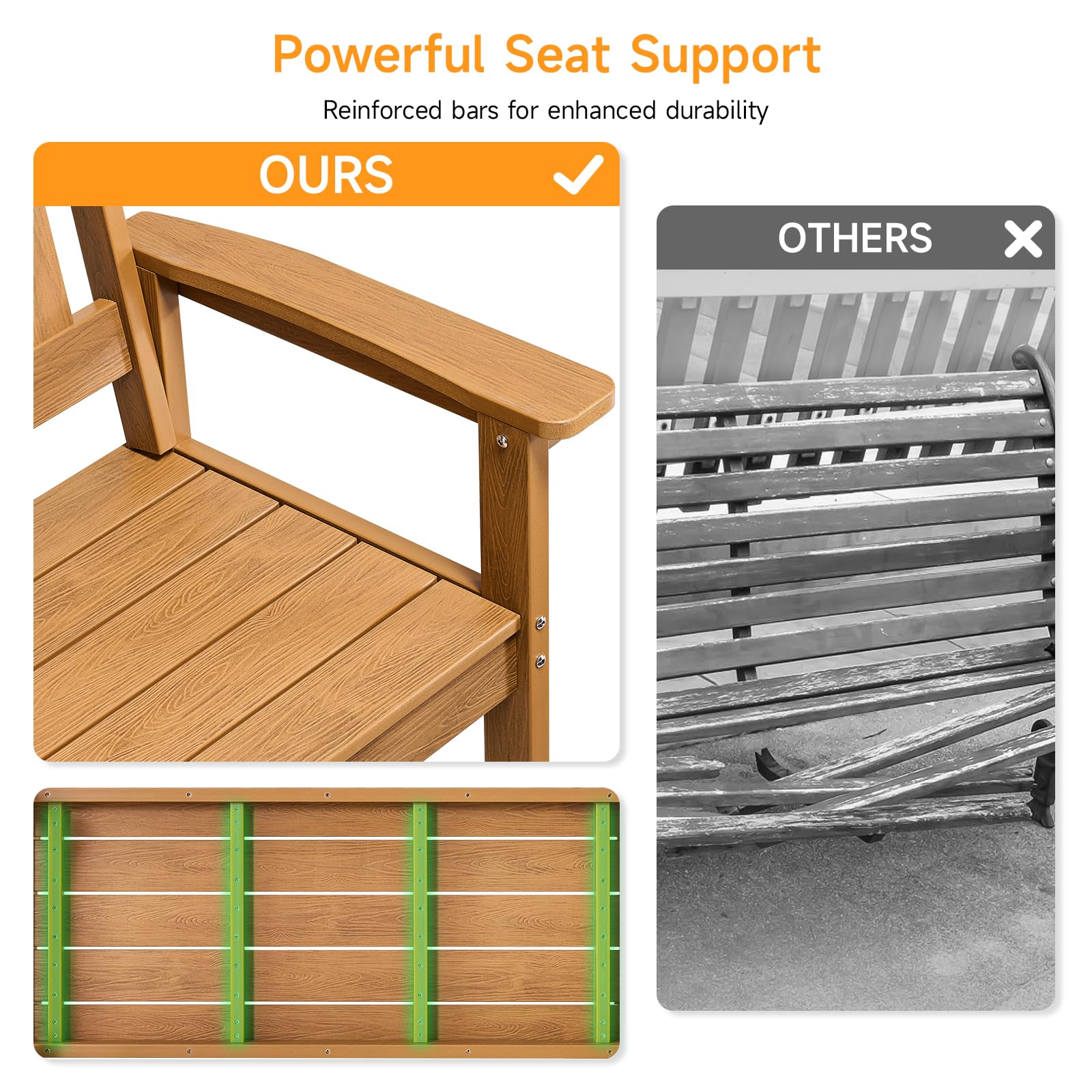 Teak Poly Lumber Outdoor Garden Bench, 2-Person All-Weather Patio Bench with Armrests and Backrest