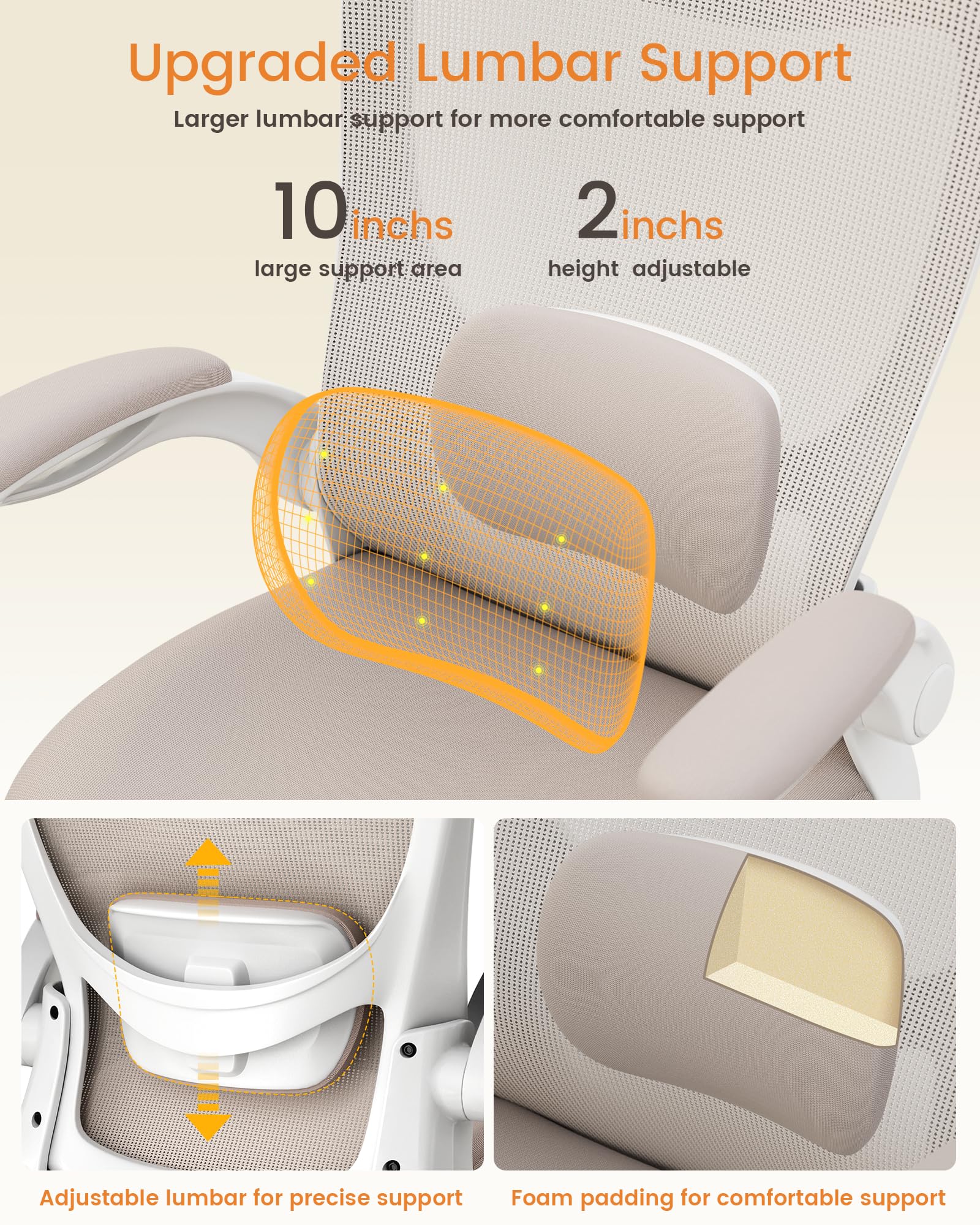 Ergonomic Office Desk Chair with Flip-Up Arms, Adjustable Lumbar, Breathable Mesh Computer Chair, Khaki