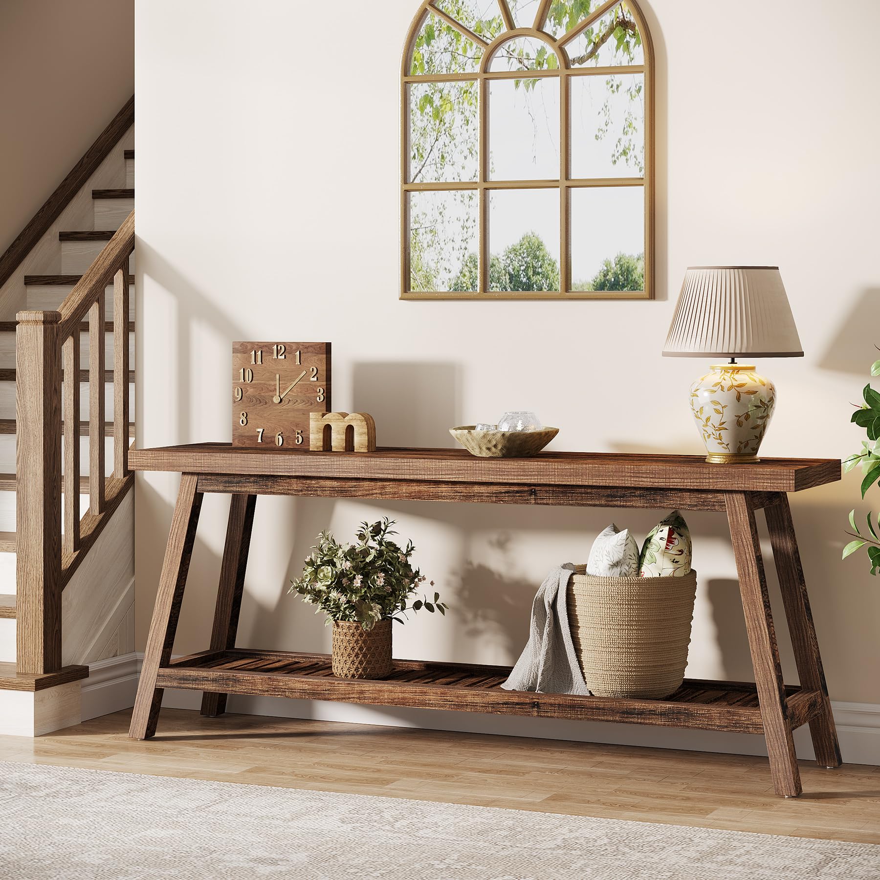 70.86" Farmhouse Console Table, 2-Tier Extra Long Entryway Sofa Table Behind Couch for Hallway, Rustic Brown