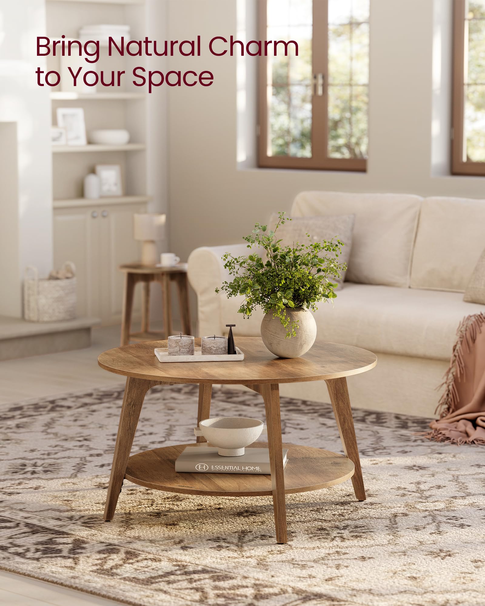 Round Coffee Table, 31.5" 2-Tier Living Room Table with Storage Shelf, Honey Brown Finish, ULCT243K41