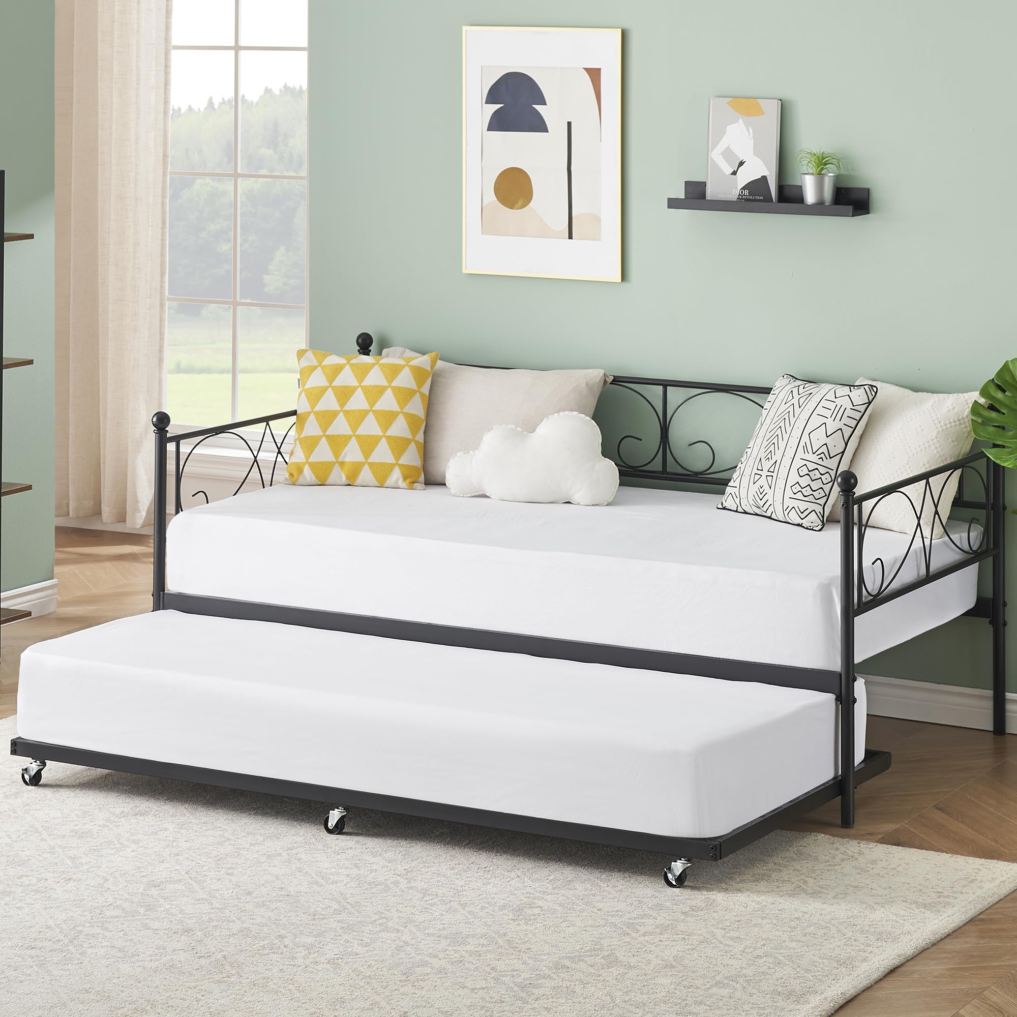 Twin Daybed with Trundle – Black Metal Frame Sofa Bed with Heavy Duty Slats for Living Room or Guest Room