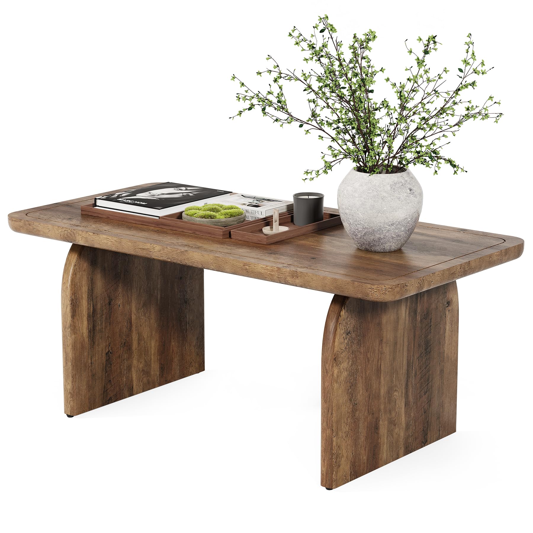 47" Farmhouse Coffee Table, Rustic Brown Wooden Center Table with Rounded Corners for Living Room or Tea Time