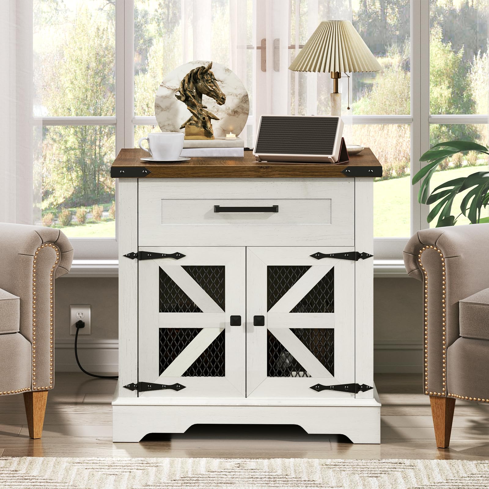 White Farmhouse End Table Set of 2, Large Square Sofa Side Table with Drawer & Charging Station