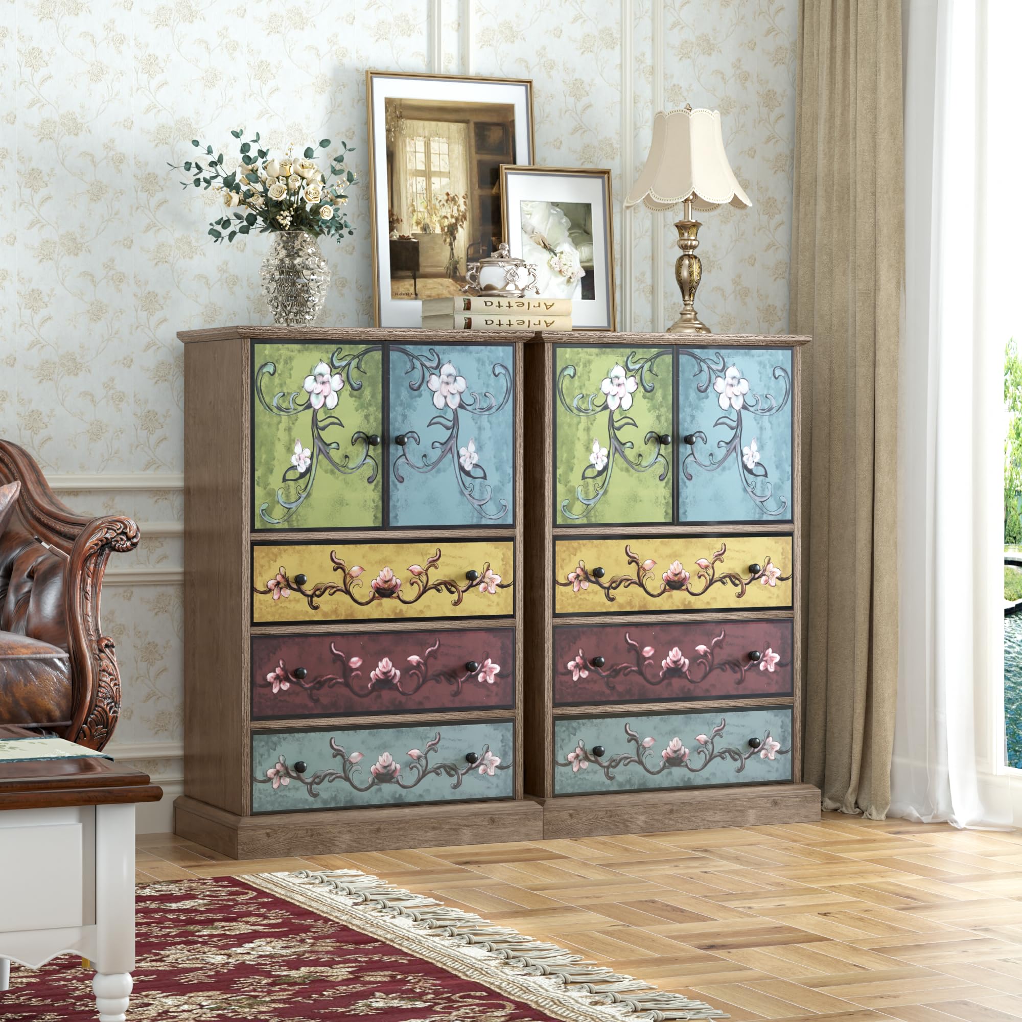 Tall Boho Wood Chest with Drawers & Doors, 42.3" Accent Dresser Cabinet for Office, Bedroom, Living Room