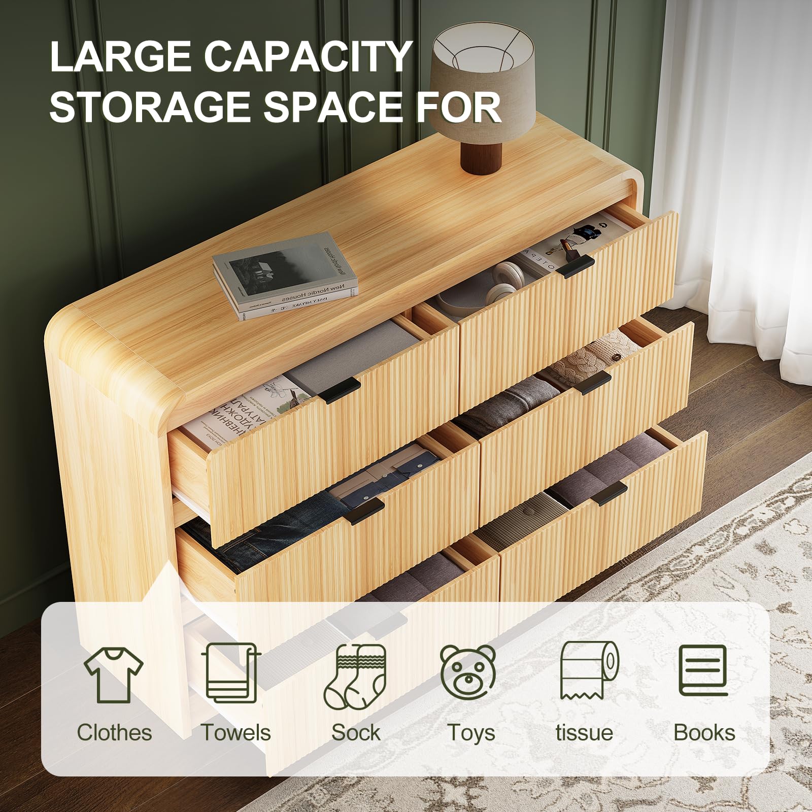 Fluted 6-Drawer Dresser – 54" Wide Oak Storage Chest with Curved Design & Metal Handles for Bedroom or Hallway