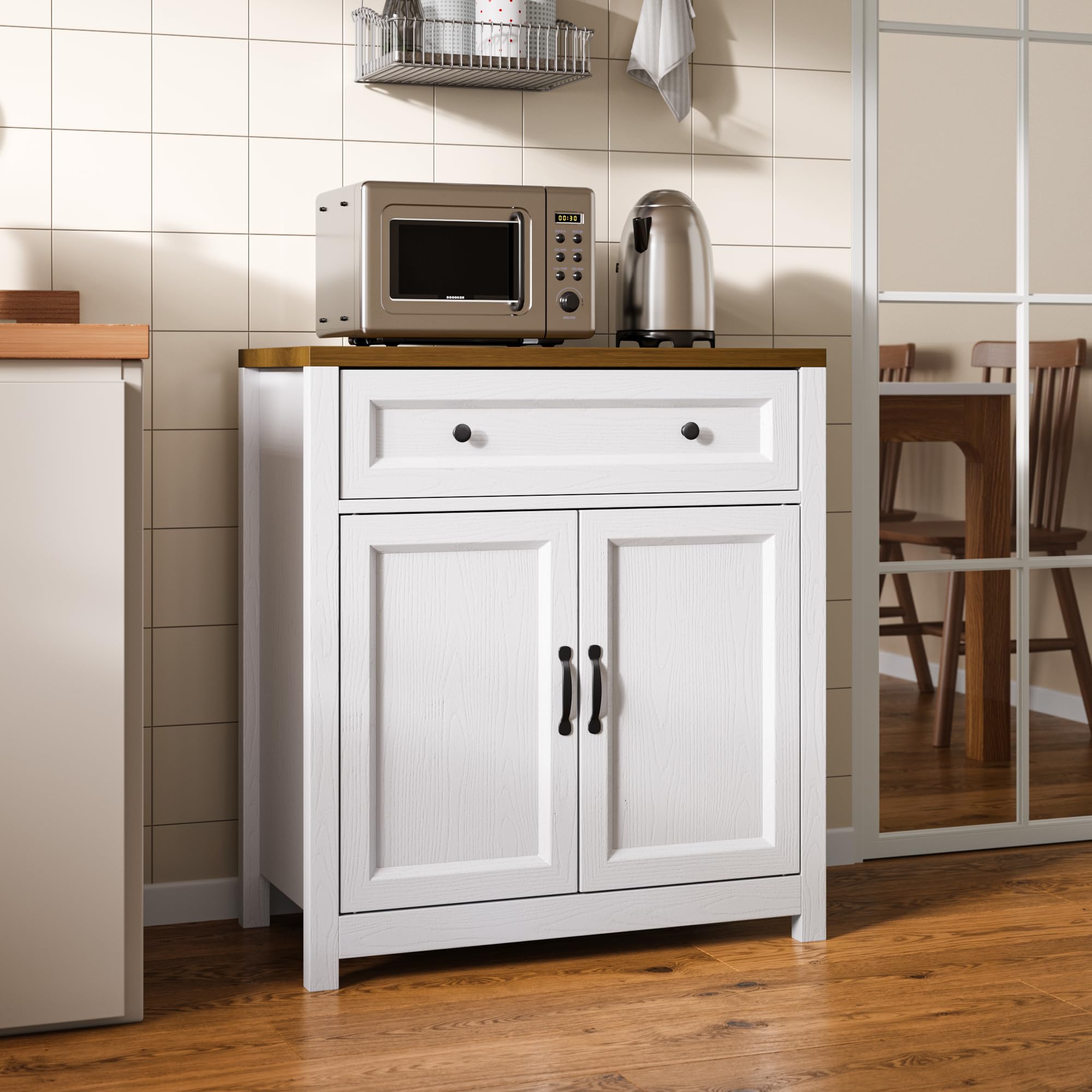 Kitchen Storage Cabinet with Adjustable Shelf, Farmhouse Coffee Bar with Drawer & Barn Door, 30" Wide, Freestanding Design