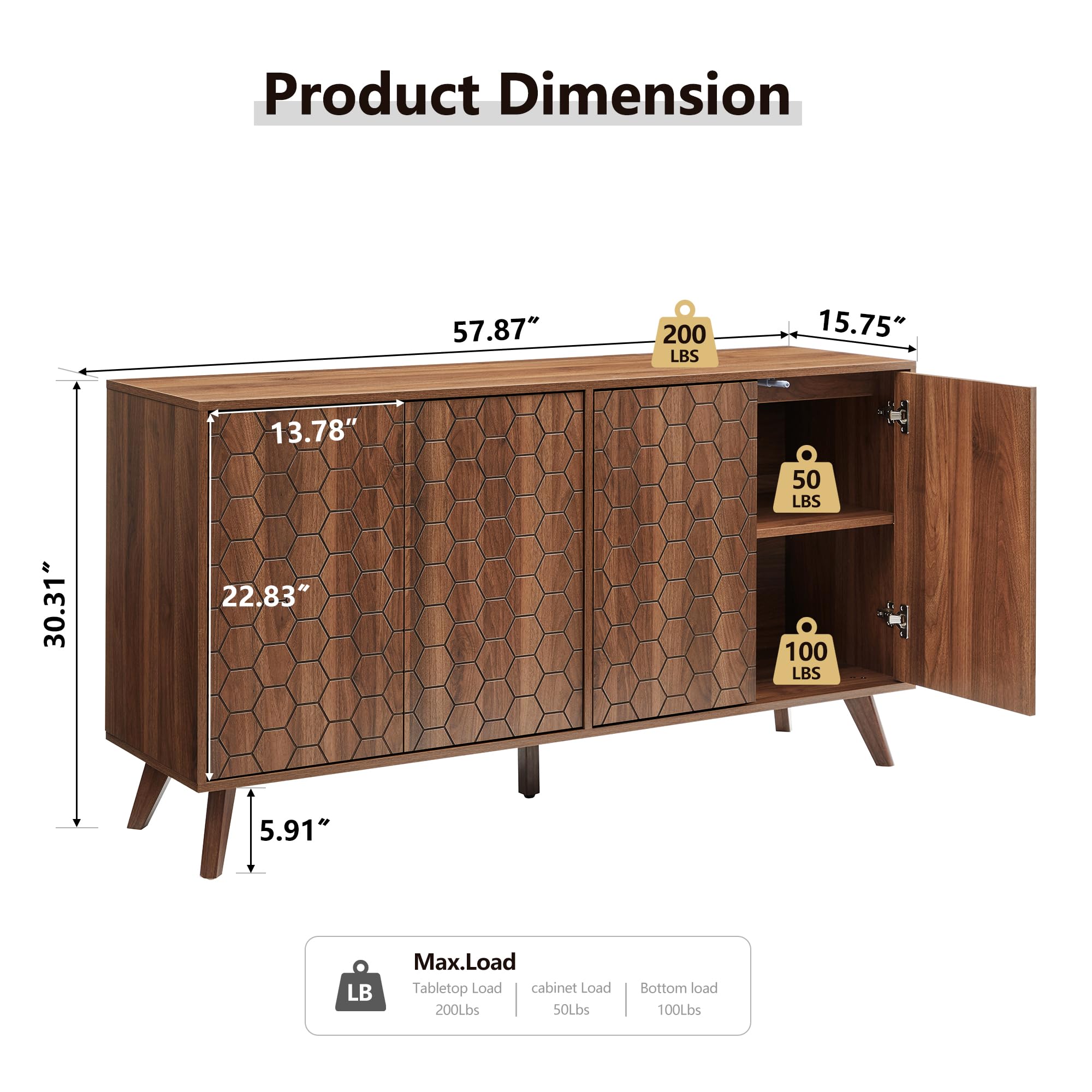 FURNIXI 58'' Large Mid-Century Sideboard Buffet Cabinet, Wooden Credenza with 4 Doors & Shelves, TV Stand Coffee Bar Console
