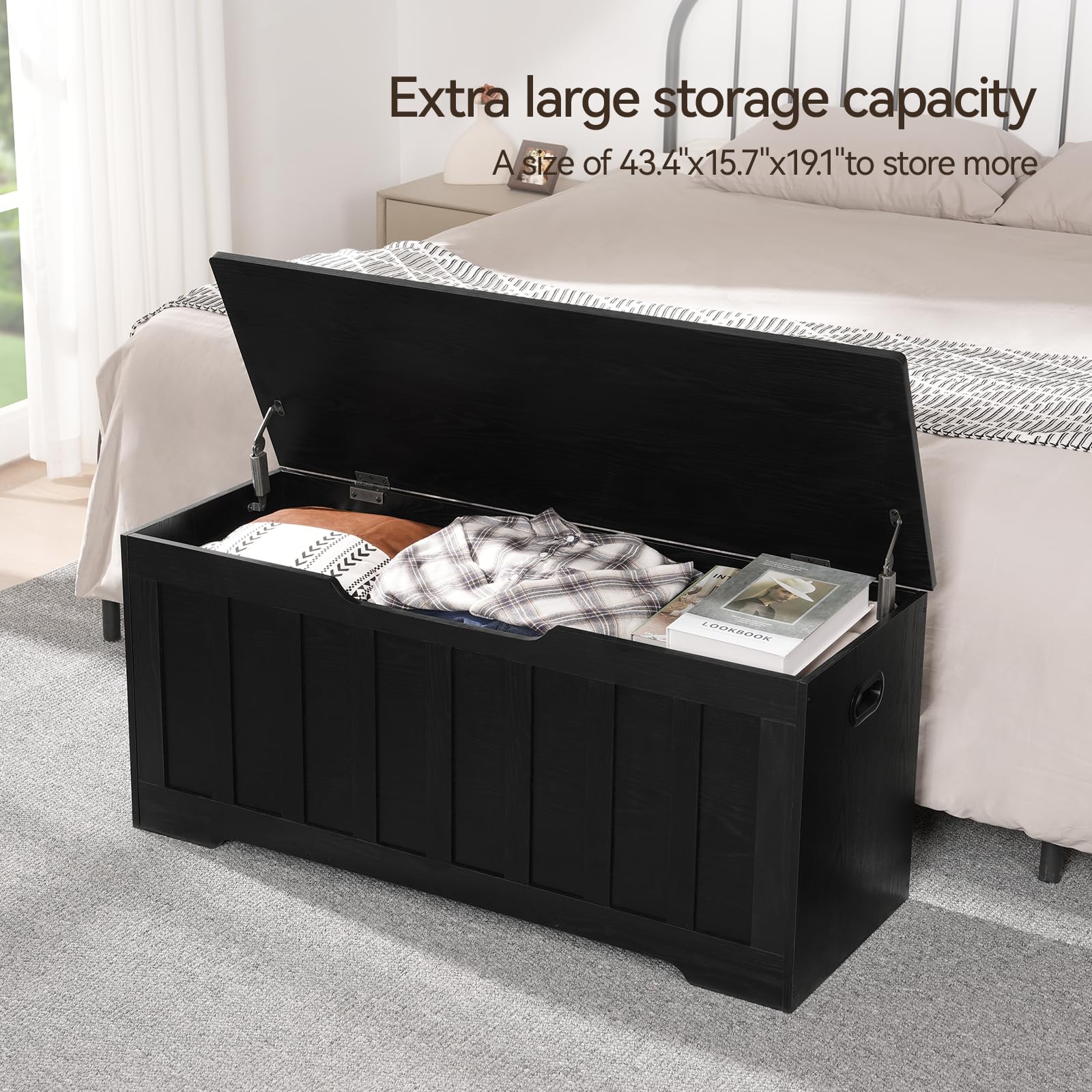 43.3" Extra Large Storage Chest, Black Wooden Bench Trunk with Hinges for Bedroom, Entryway, or Living Room