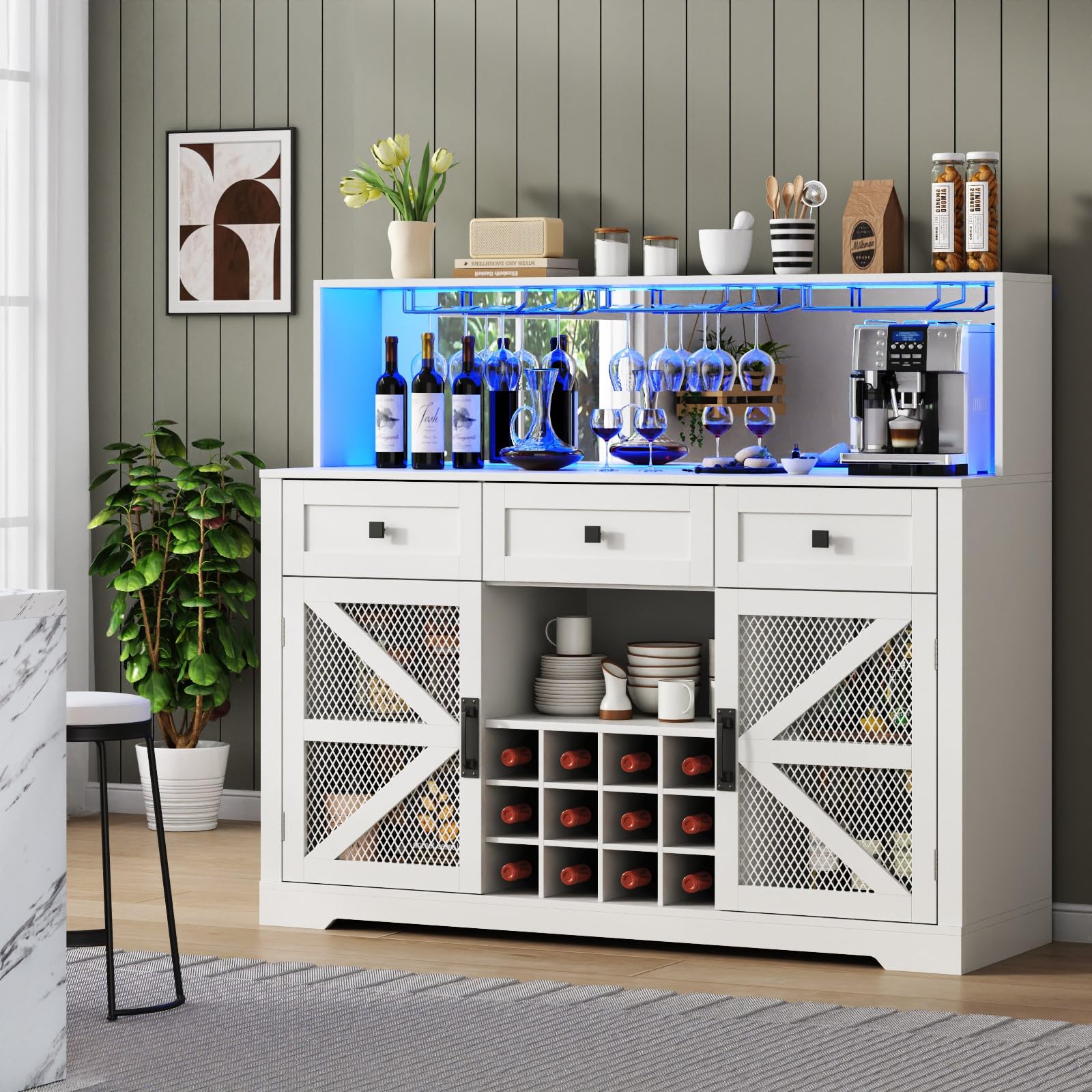 White Wine Bar Cabinet with LED Light, Kitchen Buffet with 3 Drawers, Goblet Holder, Mirror & Adjustable Storage Shelf