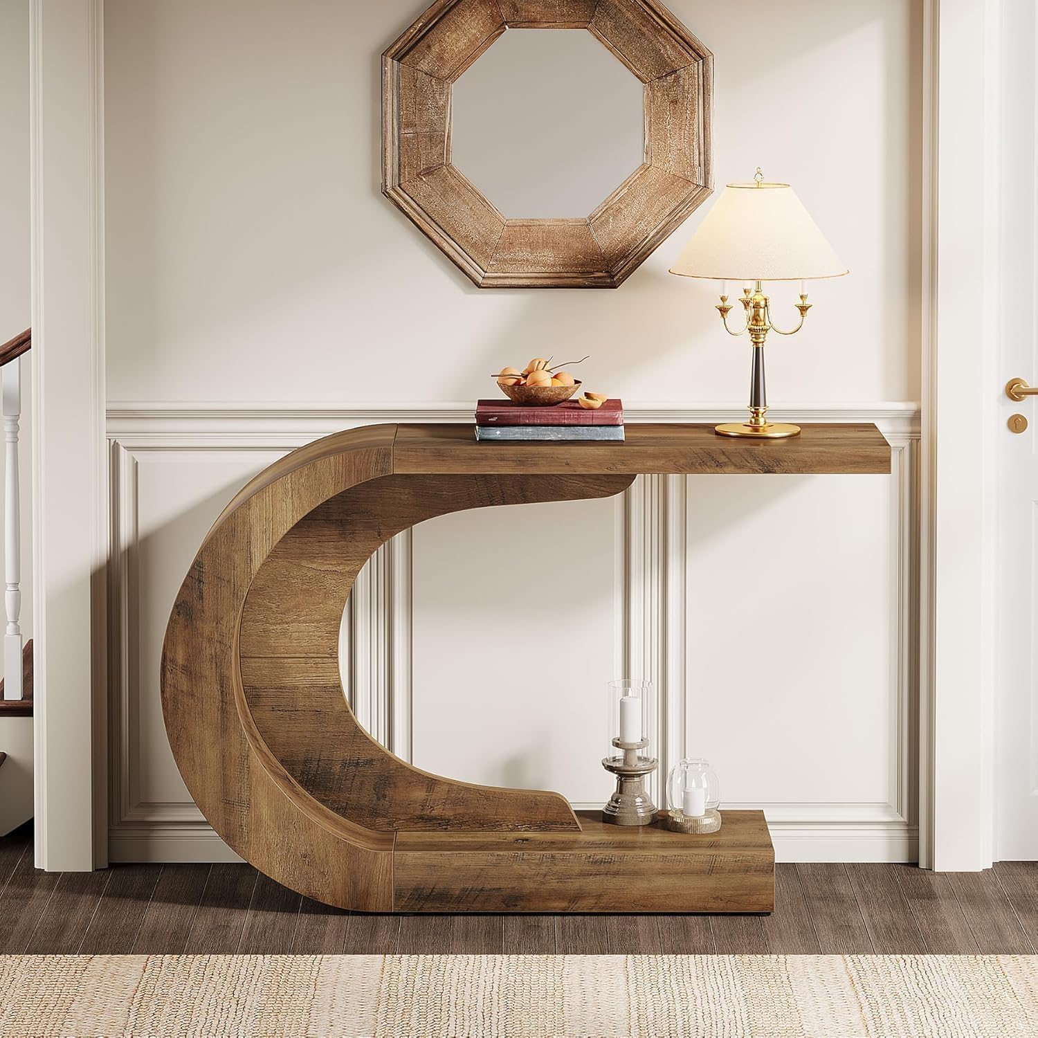 43.3" Mid-Century Modern Entryway Console Table, Wooden C-Shape Accent Table for Living Room, Hallway, Foyer