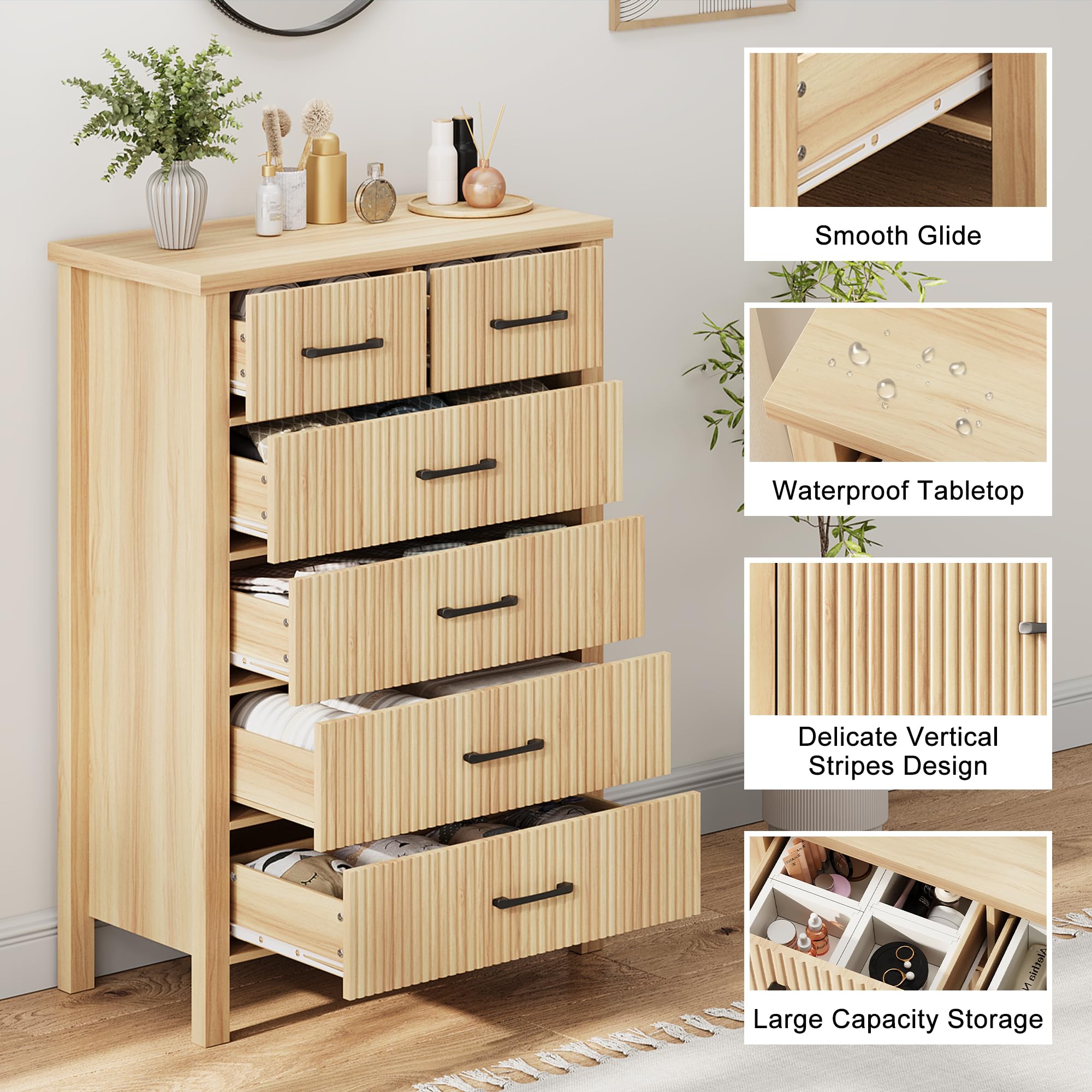 Fluted 6 Drawer Boho Dresser, Tall Wooden Chest for Bedroom Storage with Metal Handles, Natural Oak Finish