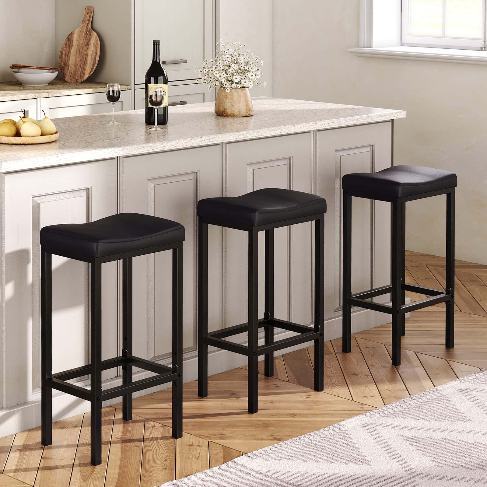 Bar Stools Set of 2, 24.8" Saddle Stools with Curved Seat & 2.4" Cushion, Counter Height Bar Chairs for Kitchen, Cafe, Black