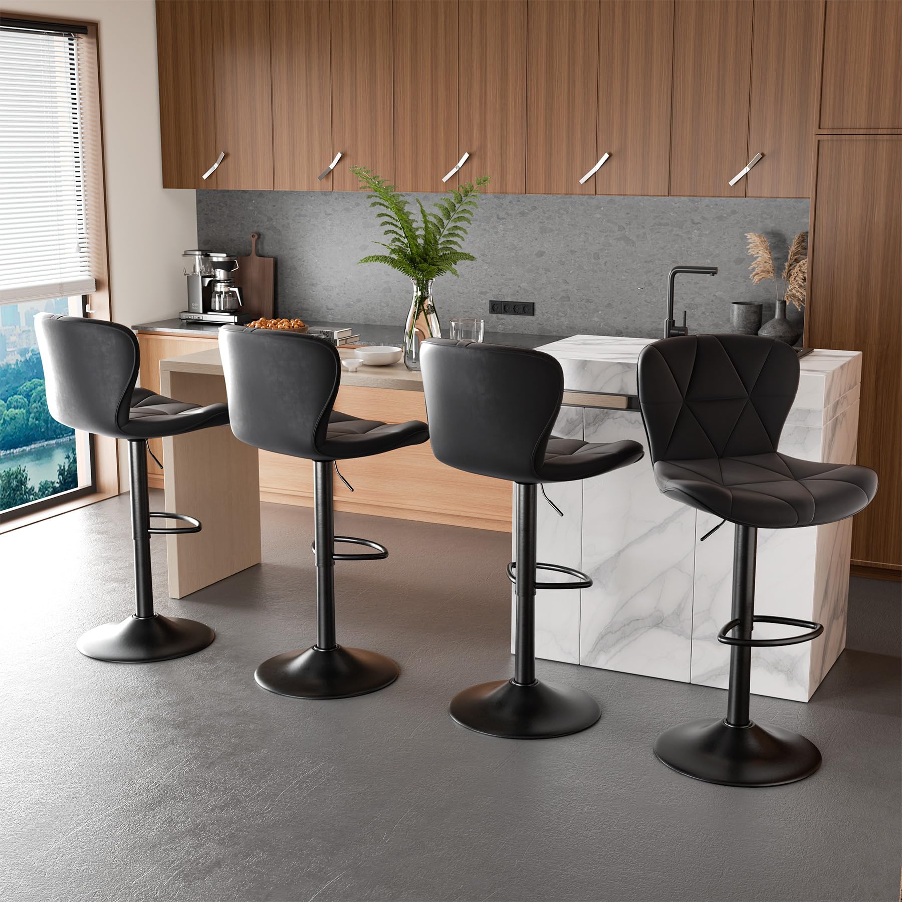 Bar Stools Set of 2, Adjustable Faux Leather Upholstered Swivel Chairs with Back, Counter Height Barstools for Kitchen, Black