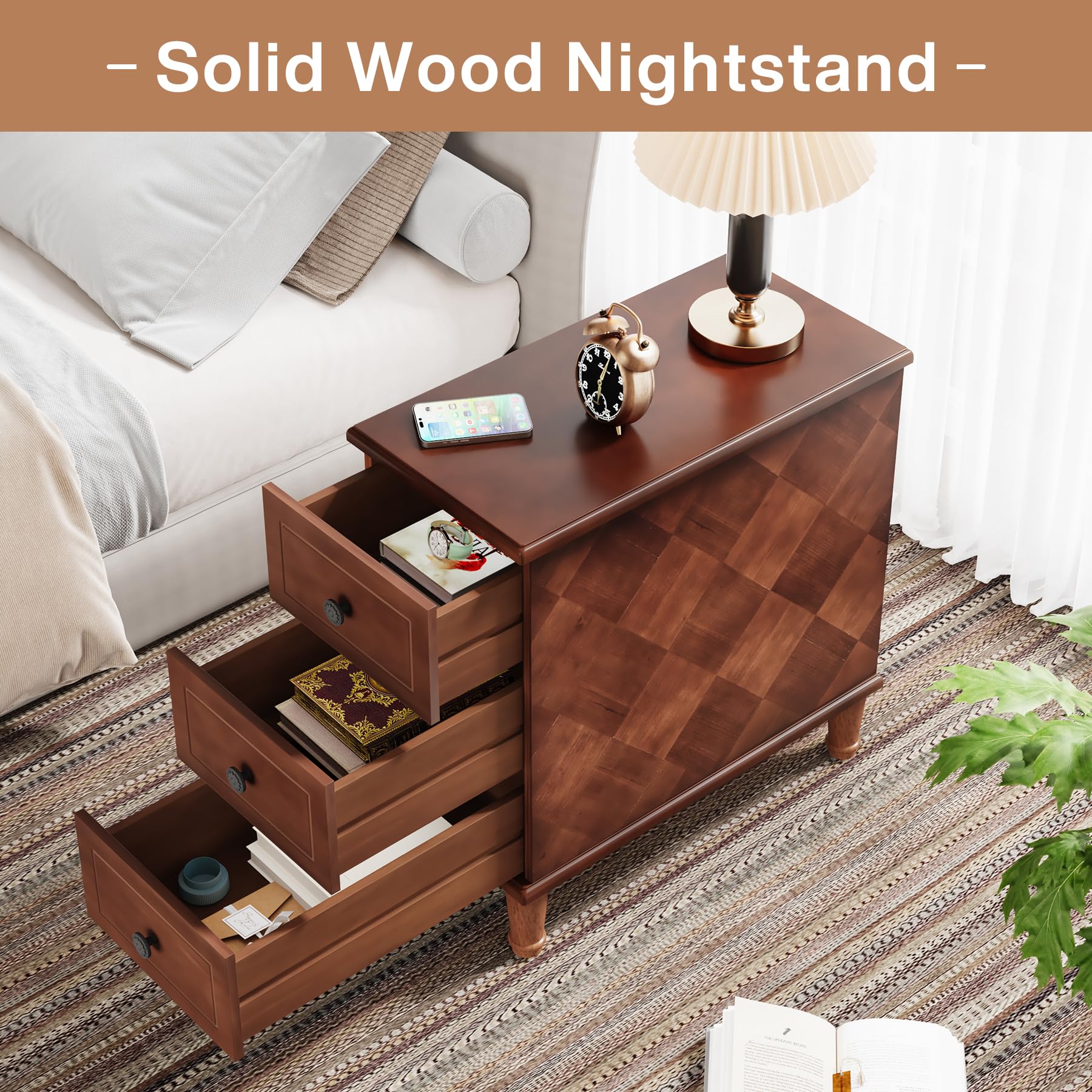 Solid Wood Narrow End Table with Drawers, Pre-Assembled Slim Side Table for Small Living Spaces