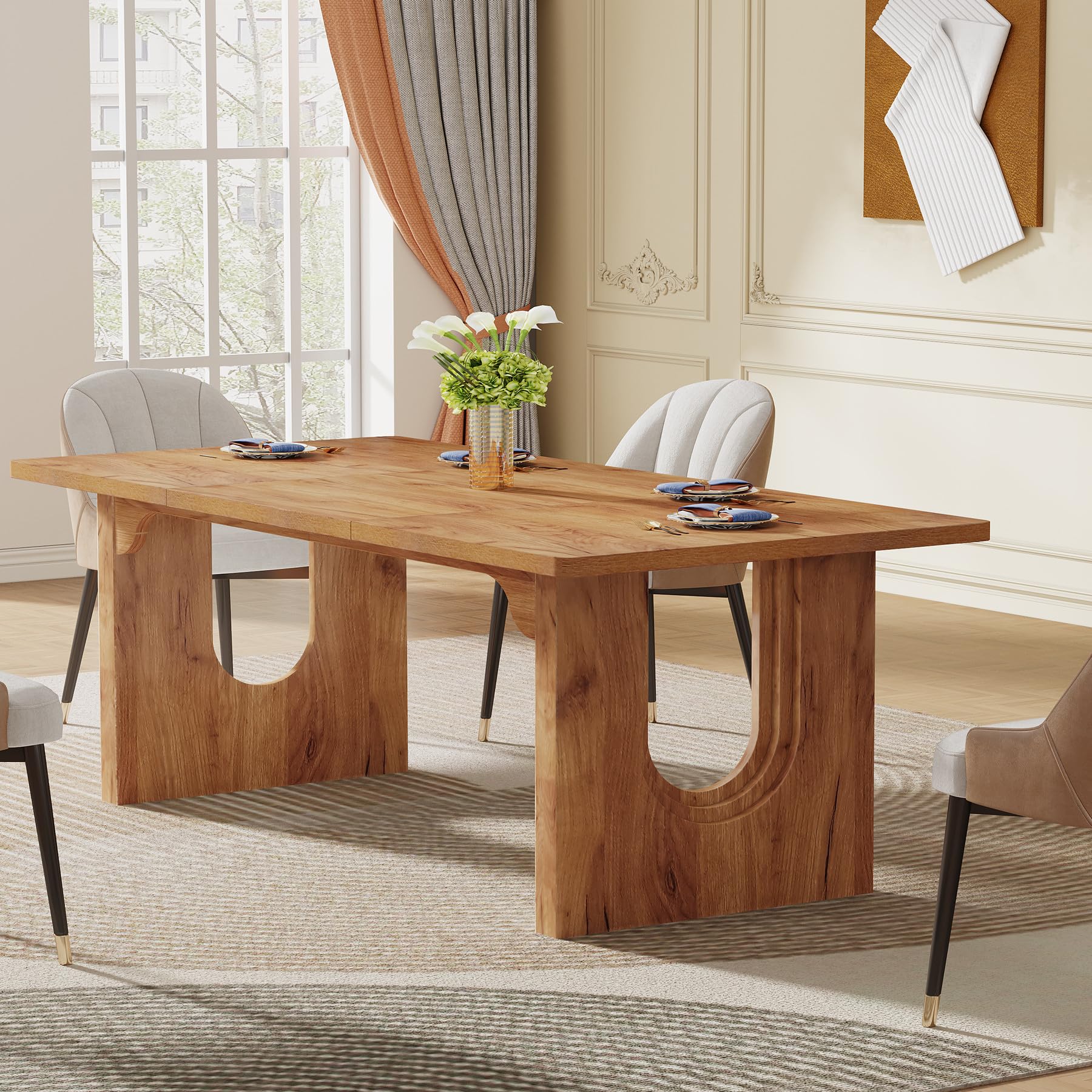 71" Large Dining Table for 6-8, Rustic Brown Rectangular Table with Wood Pedestal for Kitchen or Living Room
