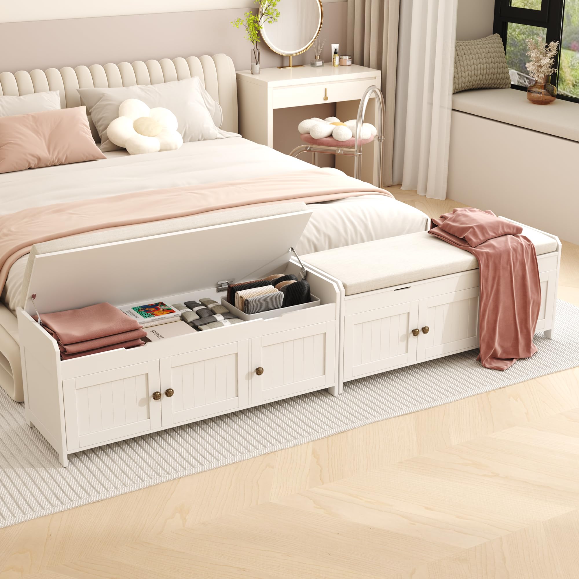 41.3" Entryway Shoe Bench with Cushioned Lift-Top Storage, Wooden Bed Bench Cabinet, White Finish