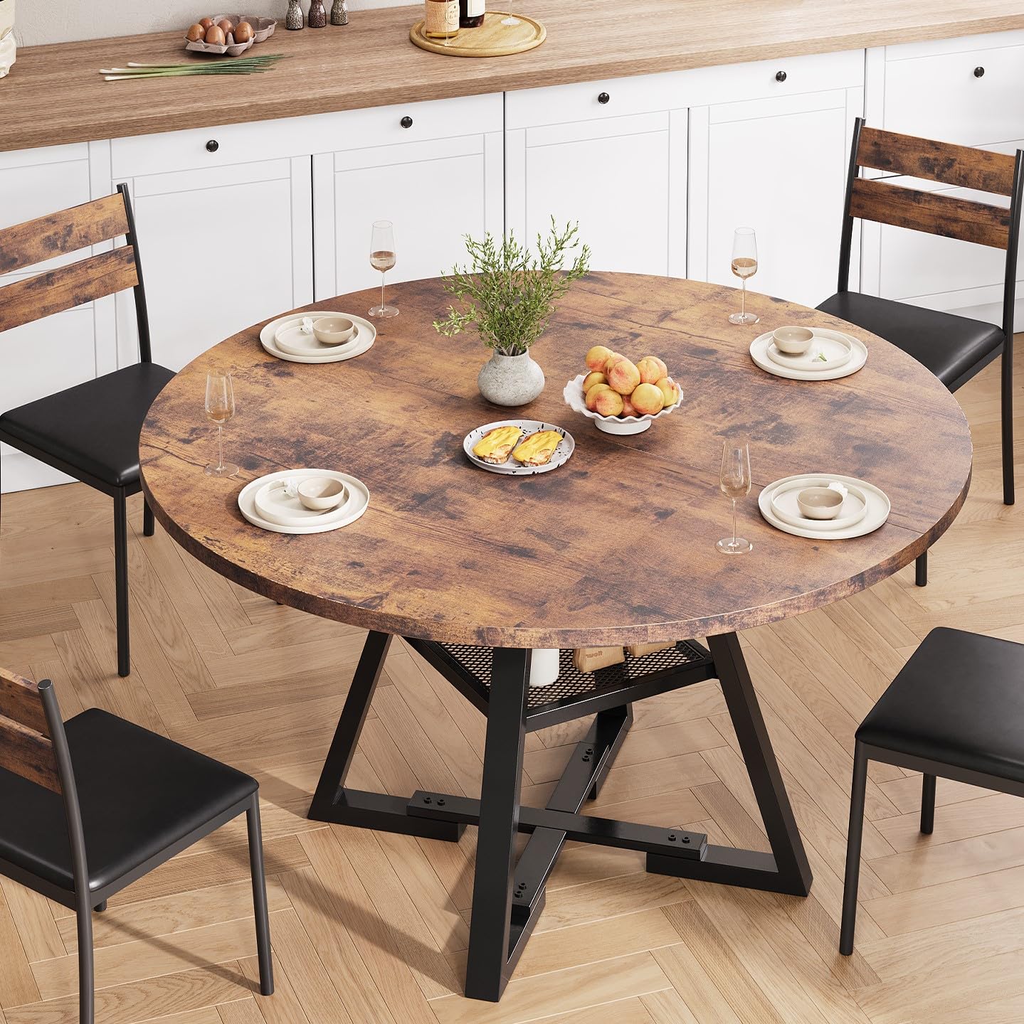 47" Round Pedestal Dining Table, Space-Saving Vintage Circle Table for Kitchen or Dining Room, Seats 4