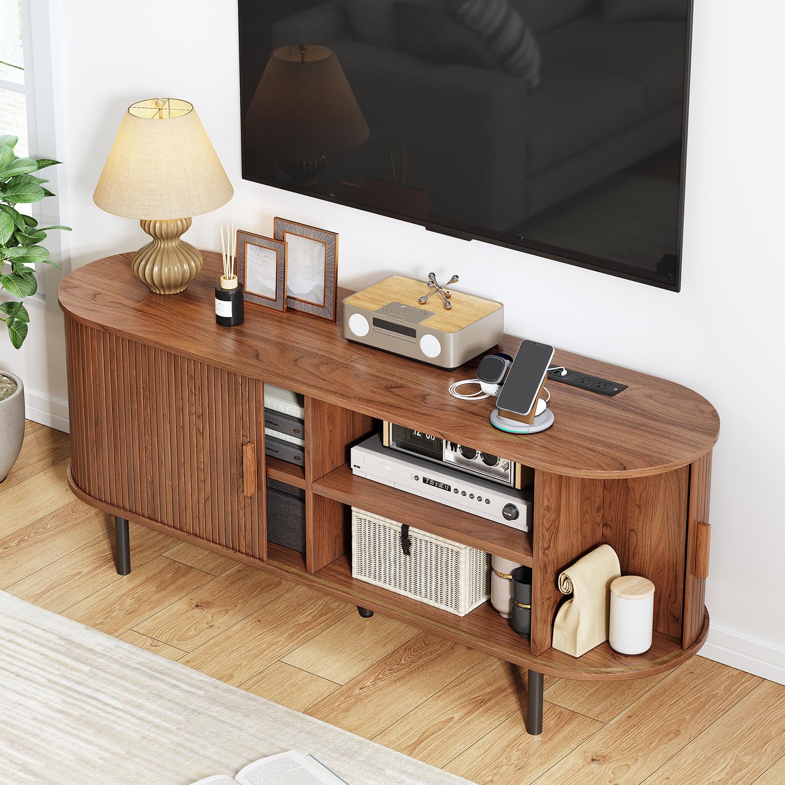 60" TV Stand with Power Outlet – Mid-Century Modern Entertainment Console with Sliding Doors & Adjustable Shelves, Walnut