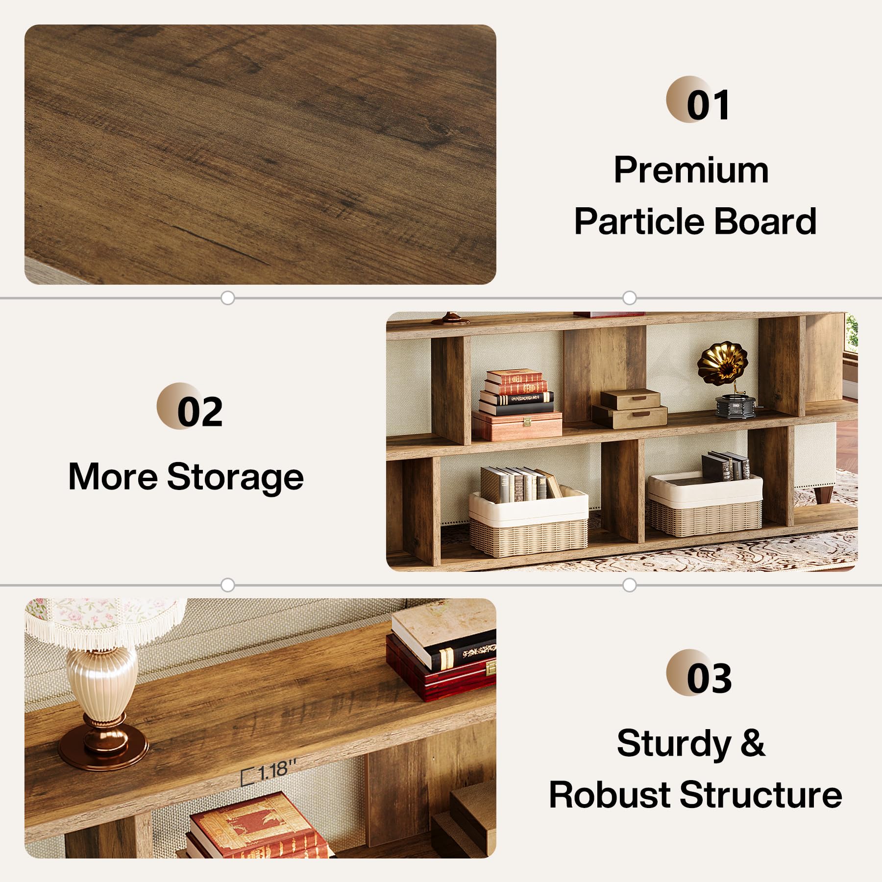 71" Farmhouse Sofa Table, 3-Tier Extra Long Entryway Console with Open Storage for Hallway, Entry, or Living Room