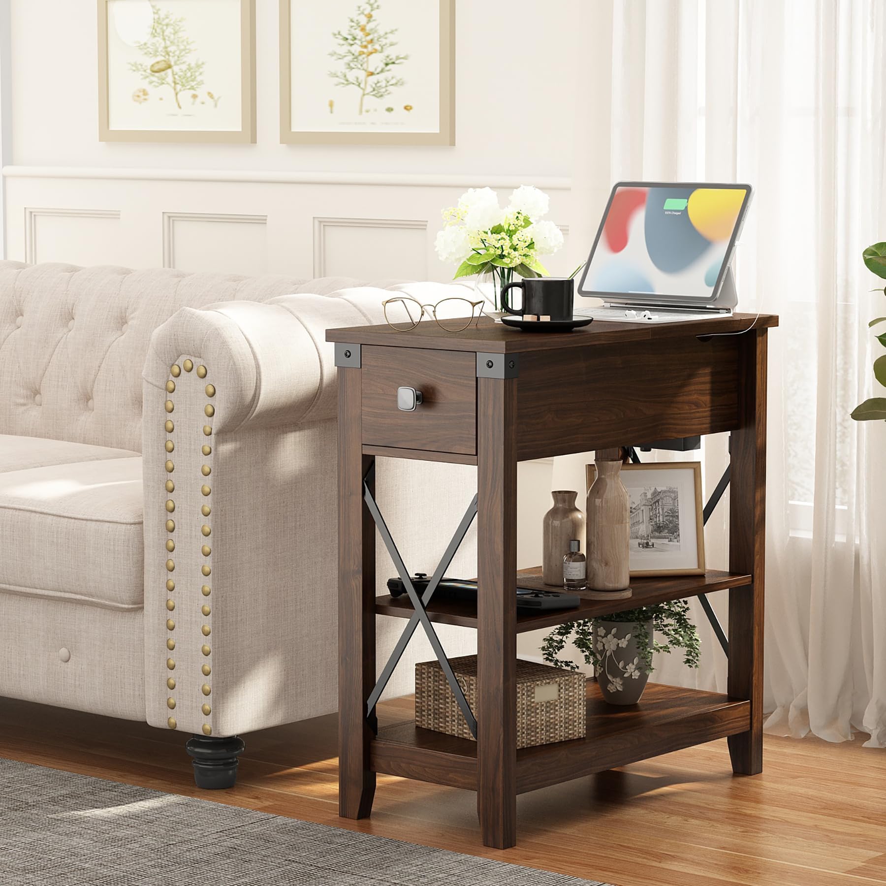 Walnut Narrow End Table Set of 2 with Charging Station, USB Ports, Flip Top Storage, for Small Spaces