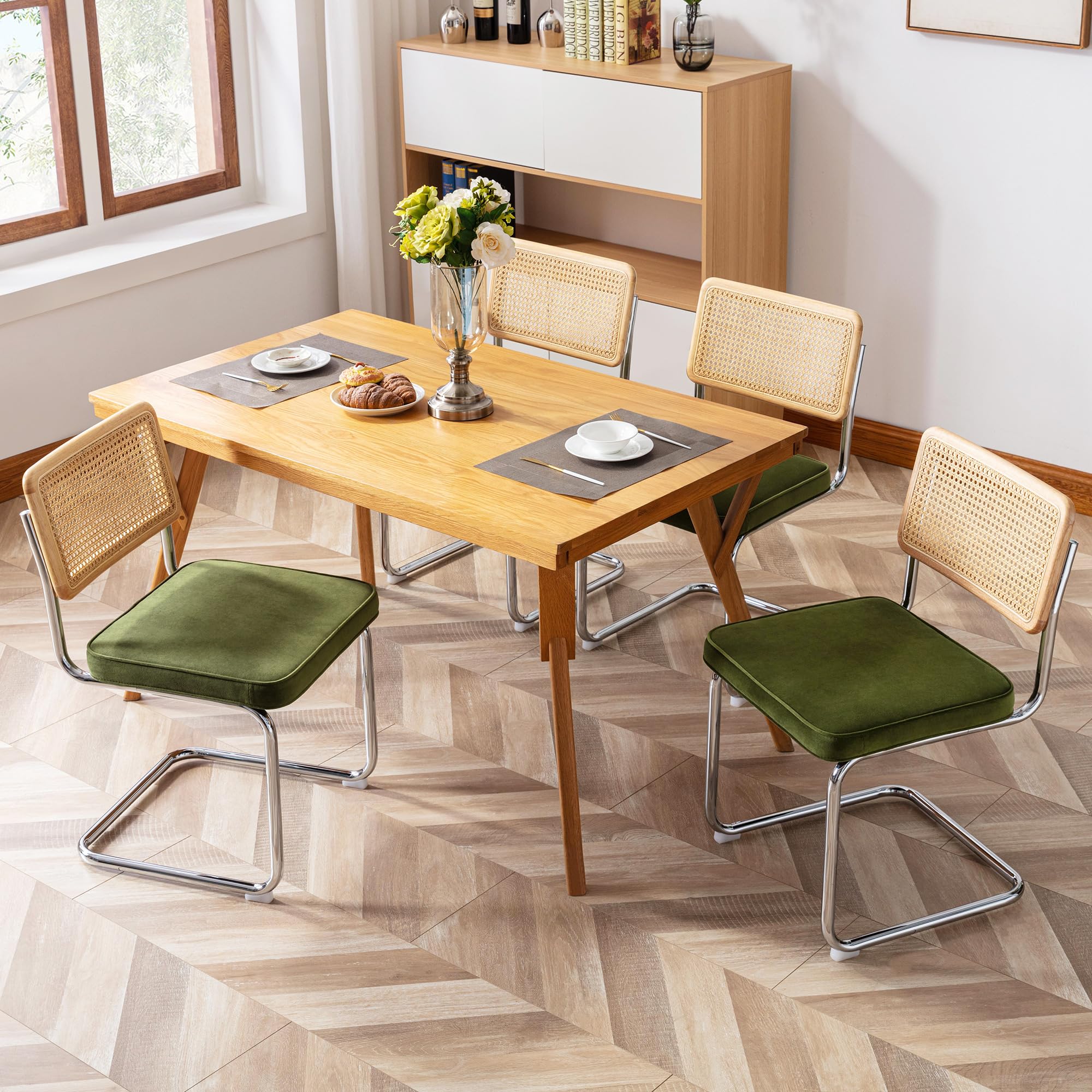 Set of 2 Rattan Dining Chairs, Green Velvet Upholstered Boho Kitchen Chairs with Wood Back & Chrome Base