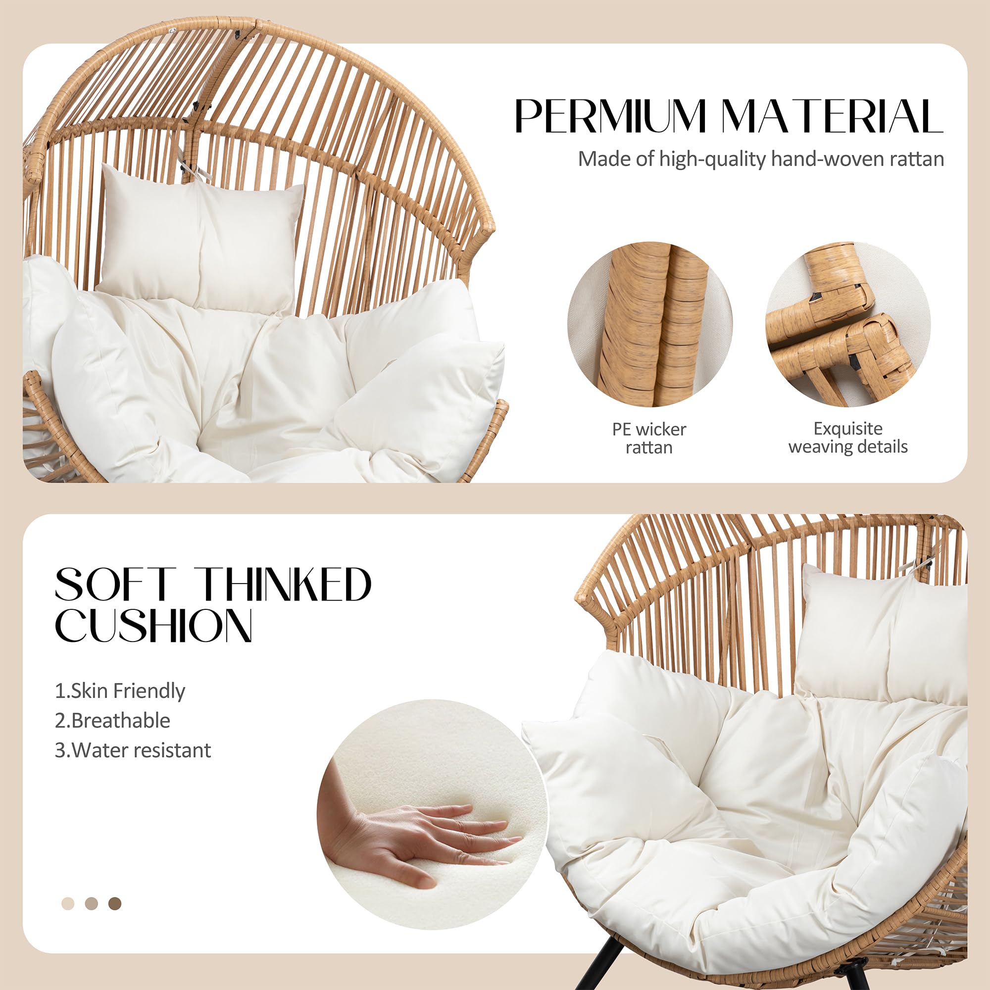 Oversized Wicker Egg Chair – Beige Patio Lounger with Cushion for Indoor Living Room, Balcony or Outdoor Spaces