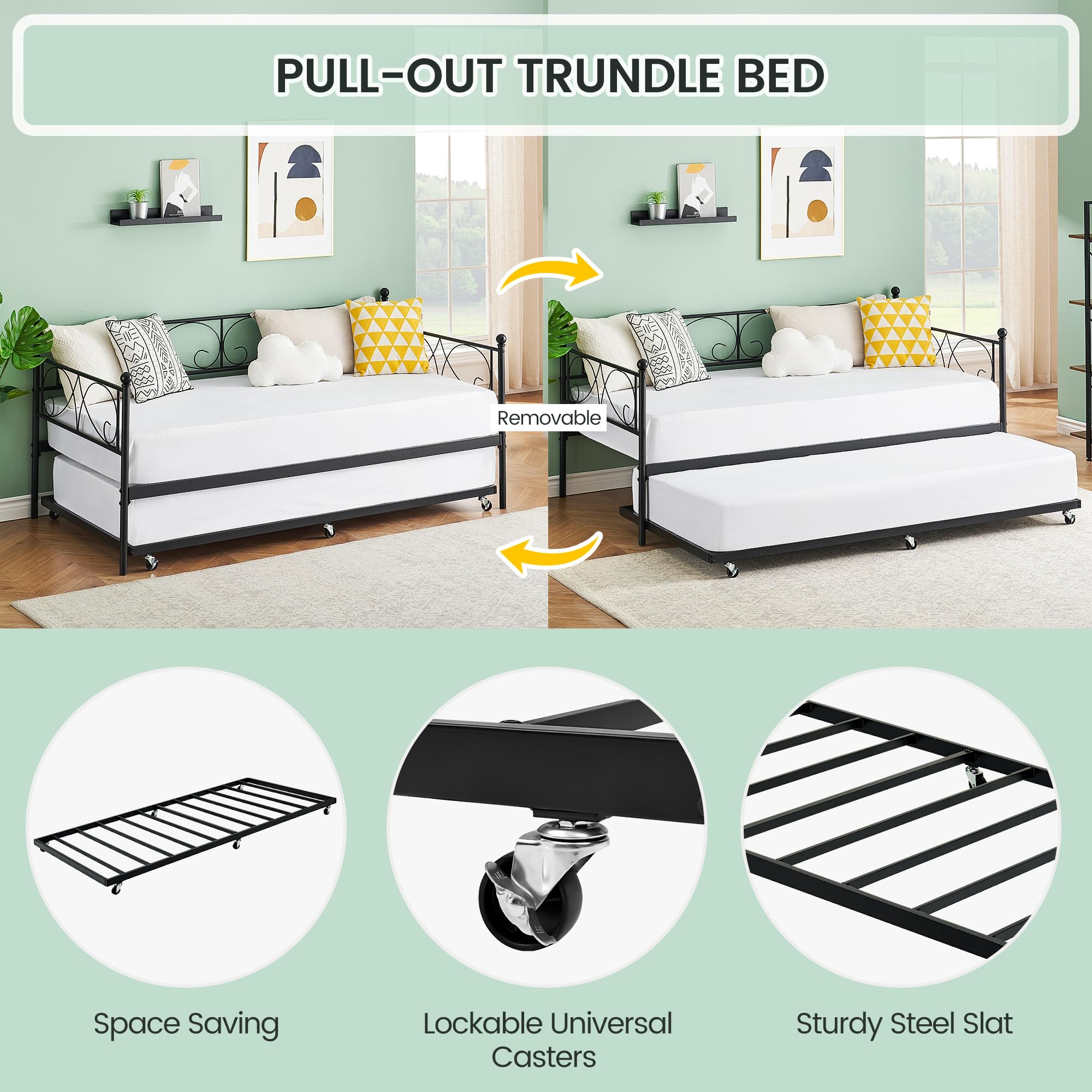 Twin Daybed with Trundle – Black Metal Frame Sofa Bed with Heavy Duty Slats for Living Room or Guest Room