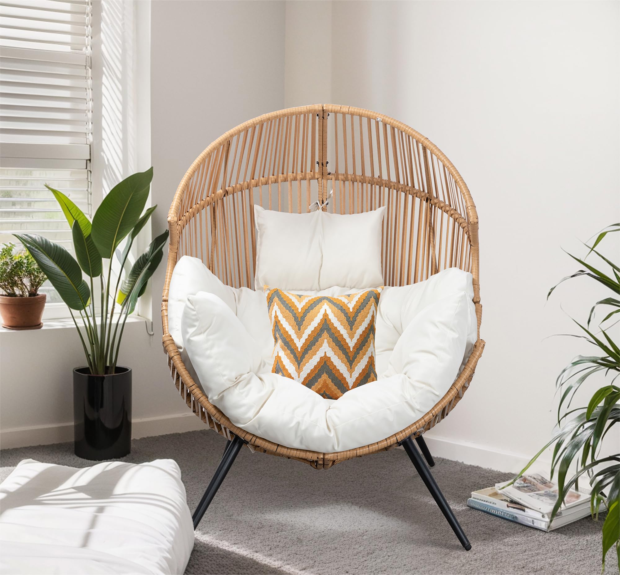 Oversized Wicker Egg Chair – Beige Patio Lounger with Cushion for Indoor Living Room, Balcony or Outdoor Spaces
