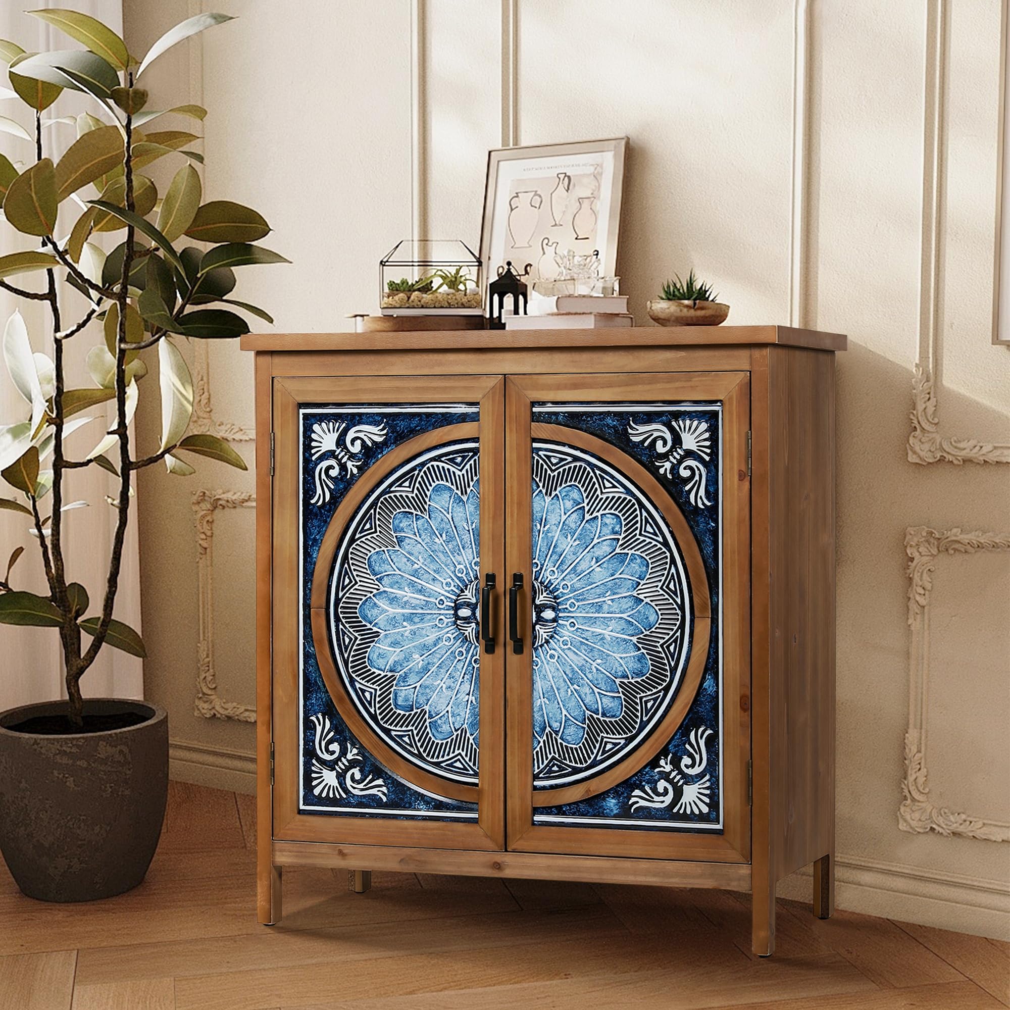 2-Door Distressed Accent Cabinet with Blue & White Porcelain Pattern, Rustic Entryway Storage for Living Room
