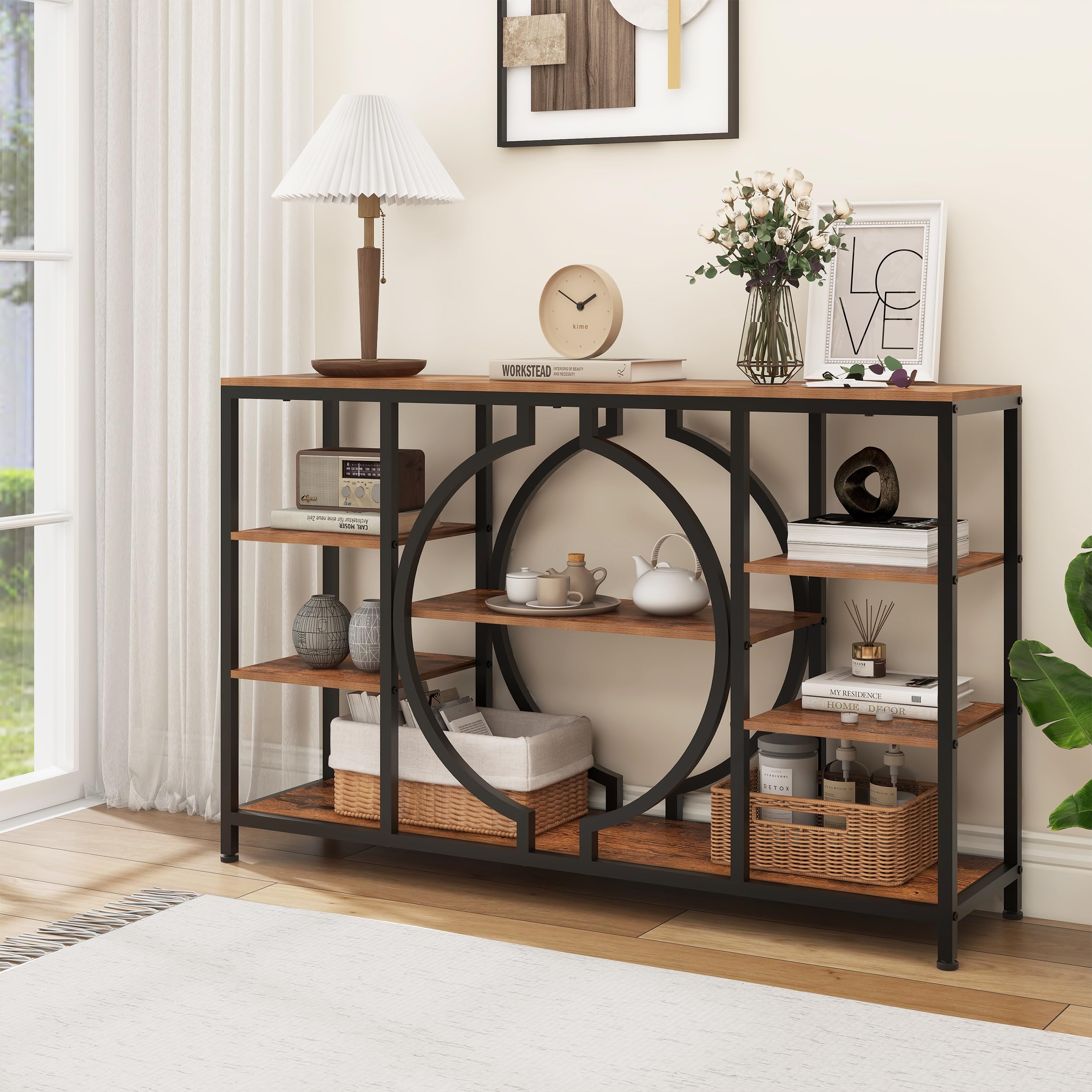 47" Industrial Console Table, Rustic Sofa Table with 4-Tier Wooden Shelves for Entryway, Hallway, Living Room