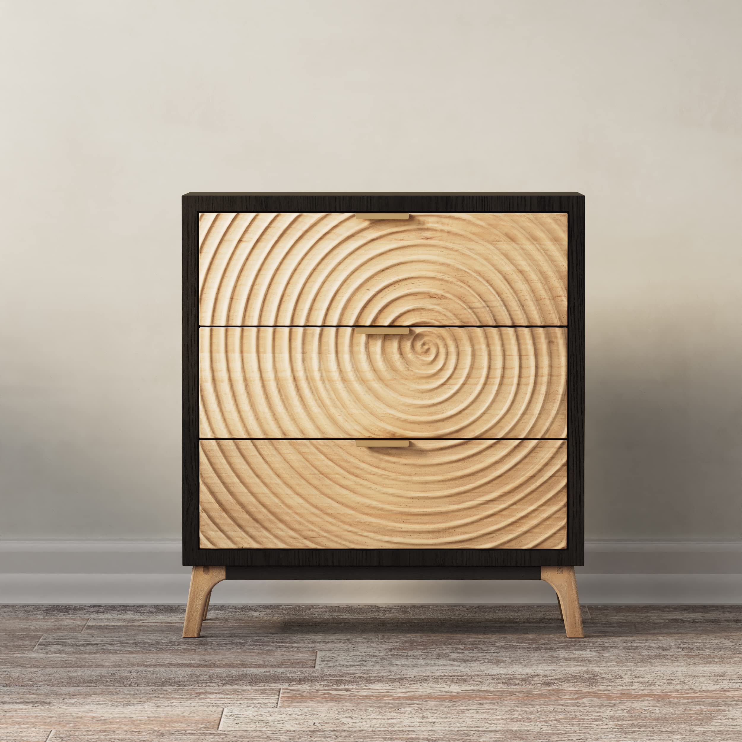 Black 3-Drawer Farmhouse Dresser, Rustic Nightstand with Handcrafted Wood Ring Motif for Bedroom, Fully-Assembled