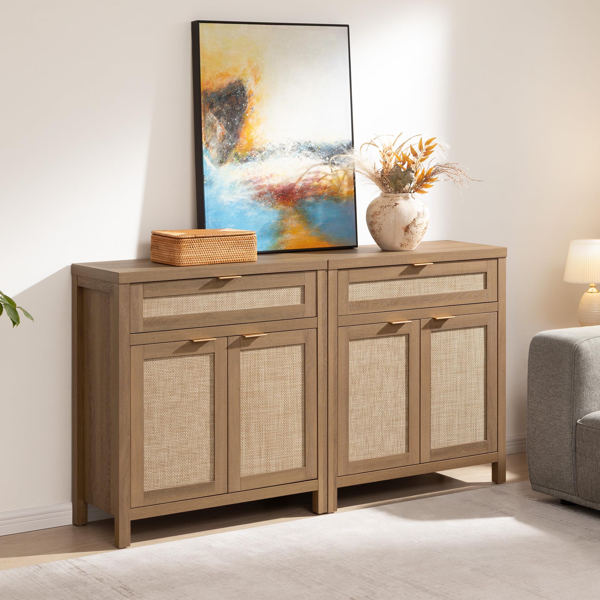 Sideboard Buffet Cabinet Set of 2, Natural Oak Rattan Storage Credenza with Drawer, Boho Coffee Bar for Entryway Living Room