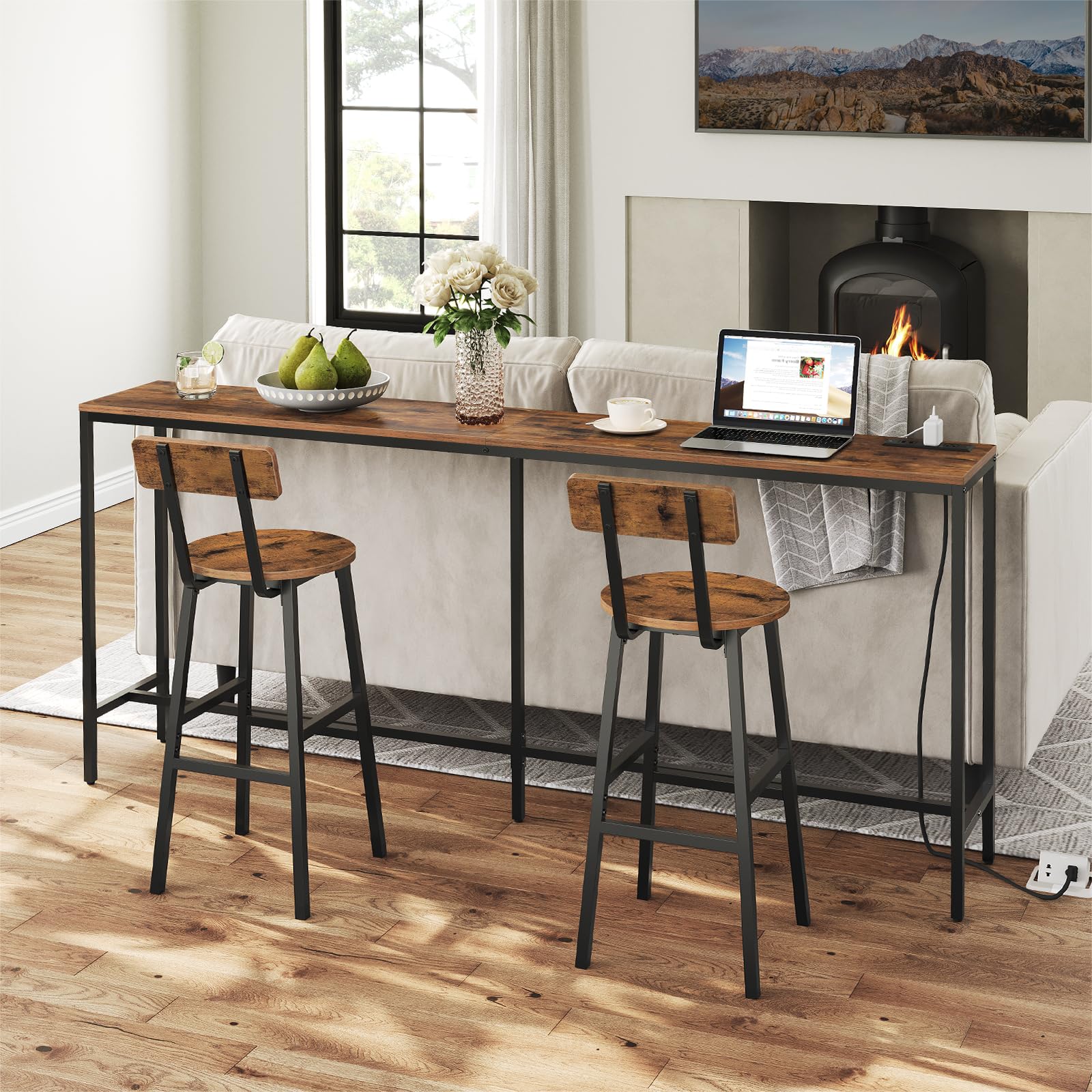 Bar Stools Set of 2, 24.4" Round Bar Chairs with Backrest & Footrest, Adjustable Feet, Rustic Brown for Kitchen, Living Room, Pub