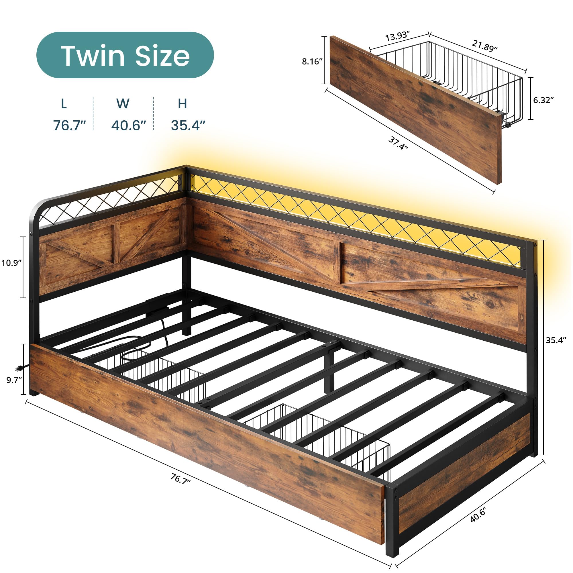 Industrial Brown Twin Daybed – Corner Bed with Storage Drawers, LED Lights & Charging Station for Guest Room
