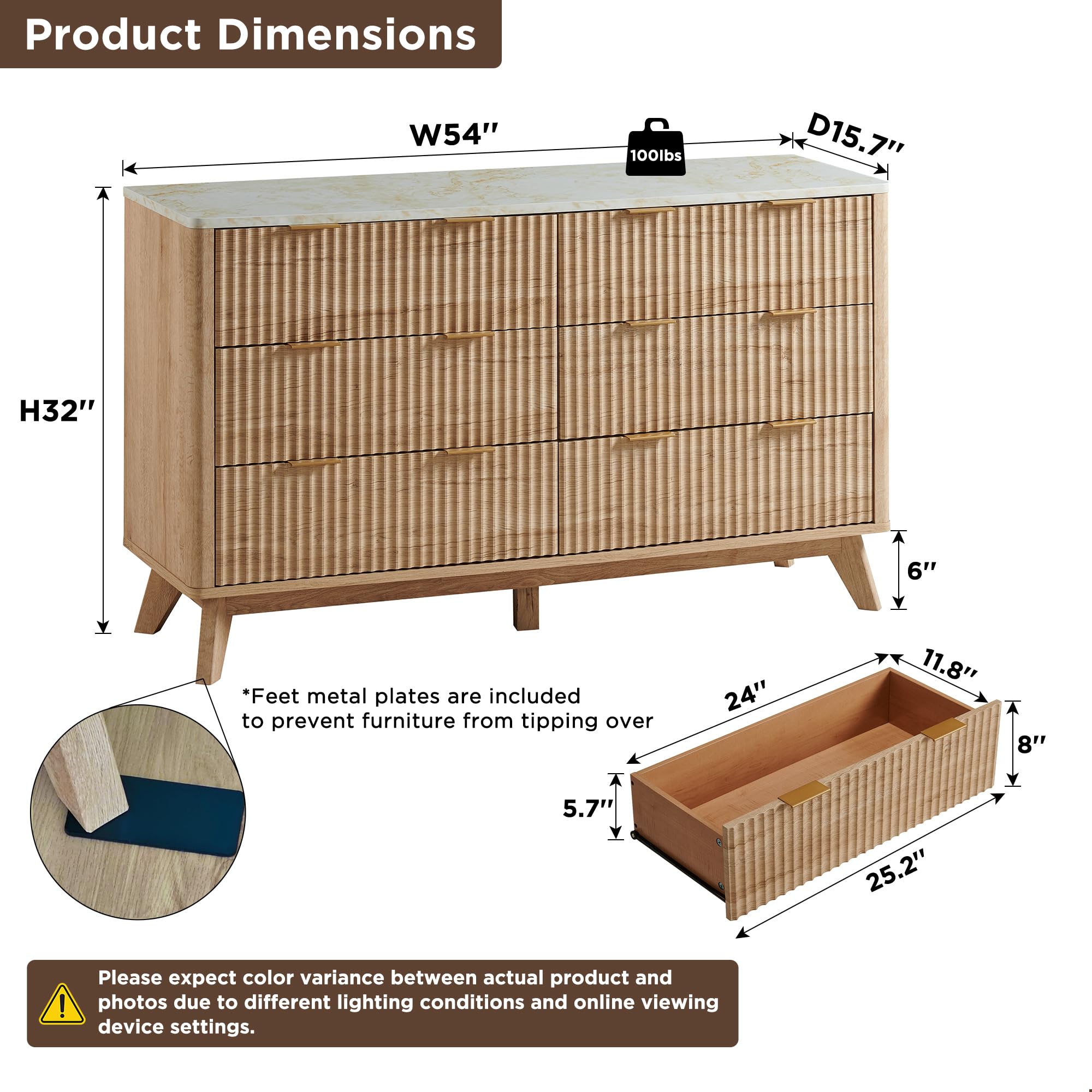 Fluted 6-Drawer Dresser – 54" Oak Chest with Faux Marble Top, Modern Organizer & TV Stand for Living Room or Hall