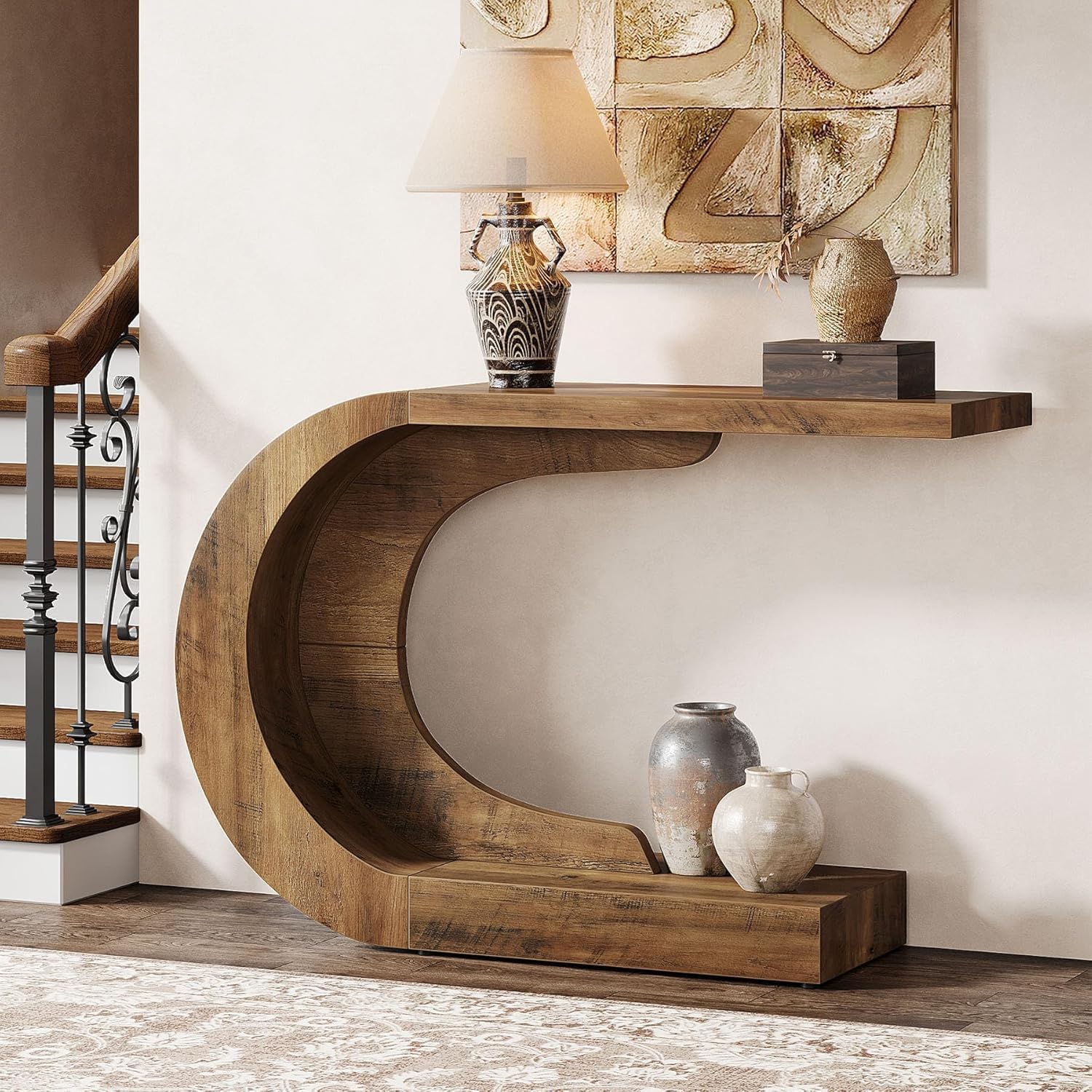 43.3" Mid-Century Modern Entryway Console Table, Wooden C-Shape Accent Table for Living Room, Hallway, Foyer