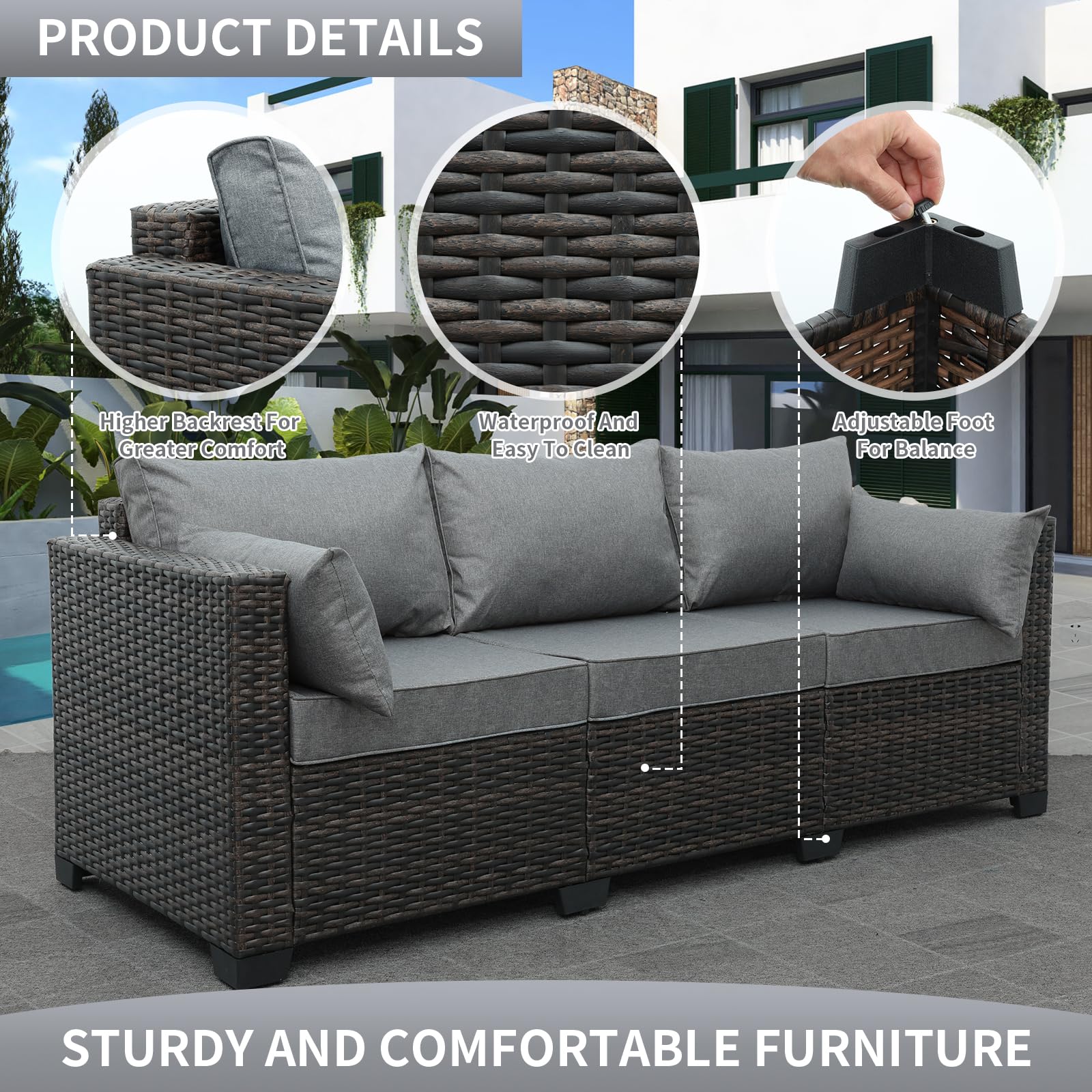 3-Seat Brown PE Wicker Outdoor Sofa, Deep Rattan Patio Couch with Washable Cushions for Garden, Balcony