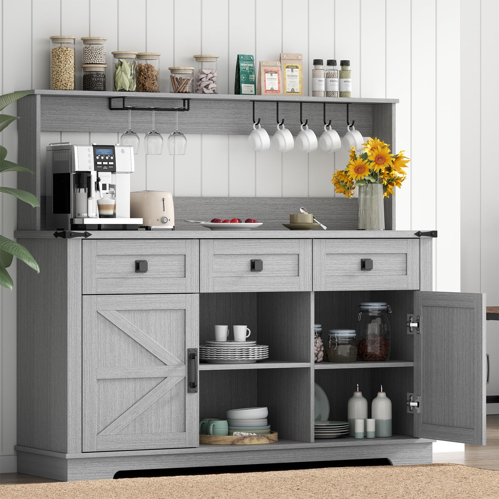 FURNIXI Grey Farmhouse Bar Cabinet with Hutch, Buffet Storage Unit with 3 Drawers, Cup Hooks, Goblet Holder for Kitchen Dining