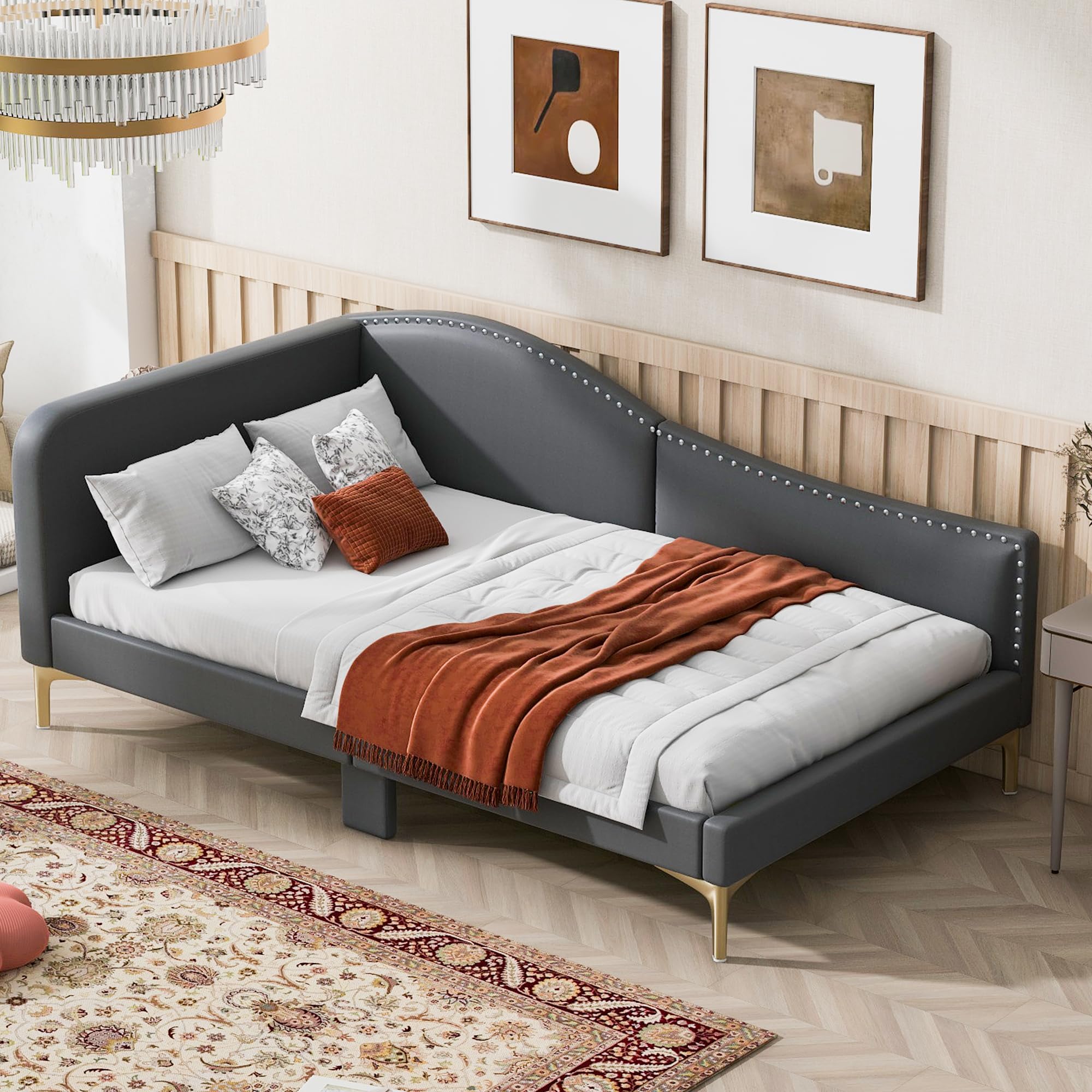 Twin Upholstered Daybed – Grey Bed Frame with Armrest & Headboard, Strong Support, No Box Spring Needed