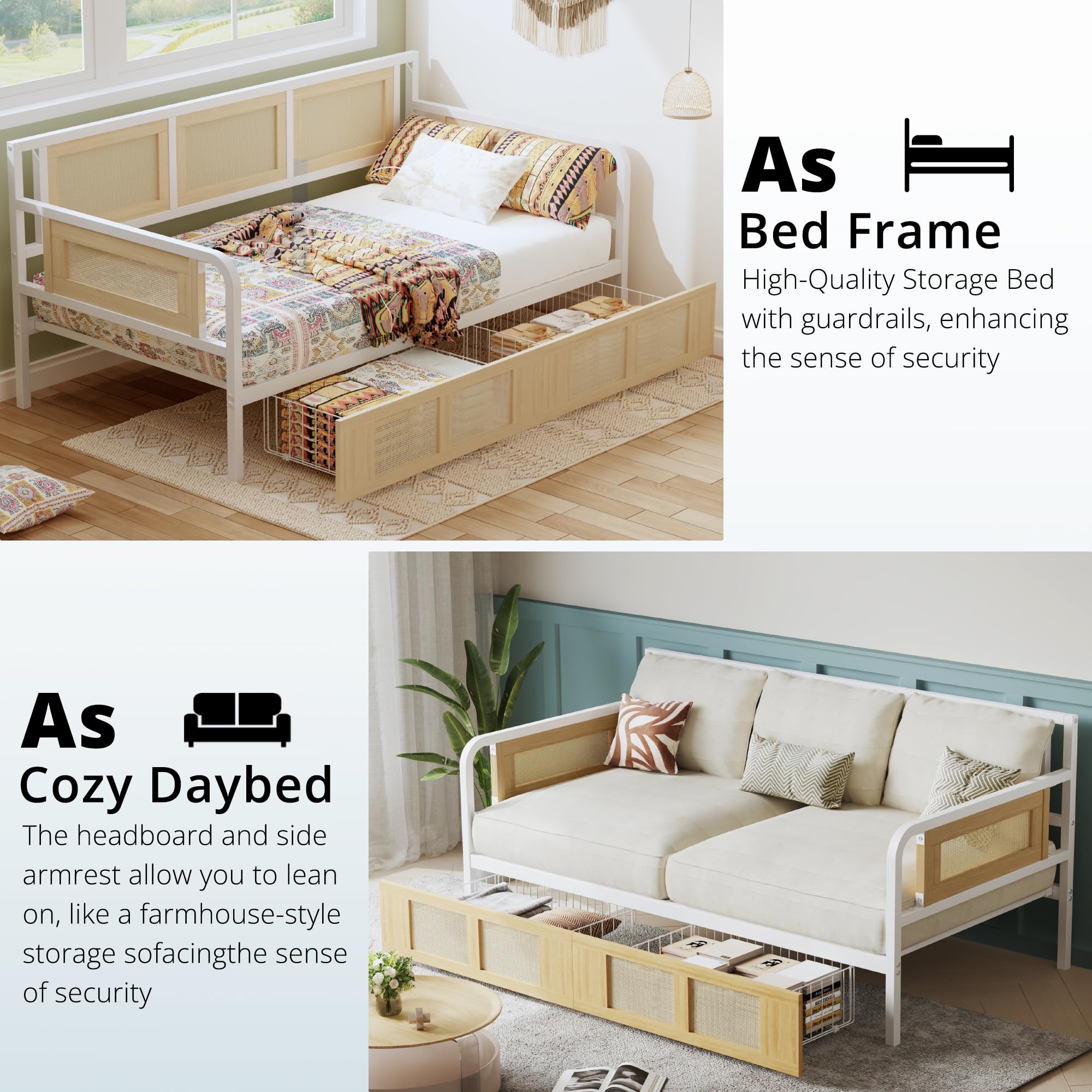 Twin Rattan Daybed – Stylish Corner Day Bed Frame with Storage Drawers for Living Room, Bedroom or Guest Room