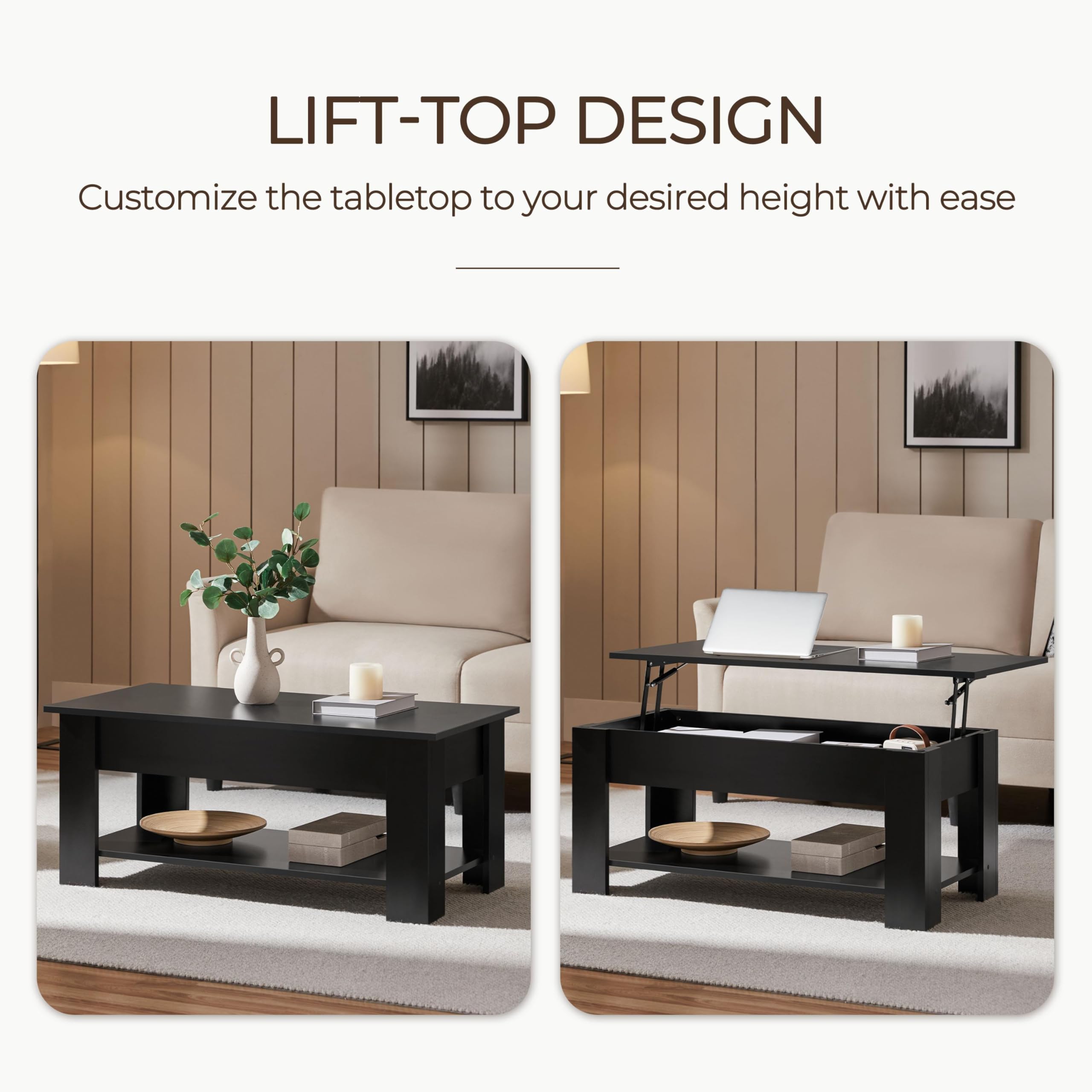 38.6" Lift Top Coffee Table with Hidden Storage, Black Wooden Dining Table for Living Room & Small Spaces
