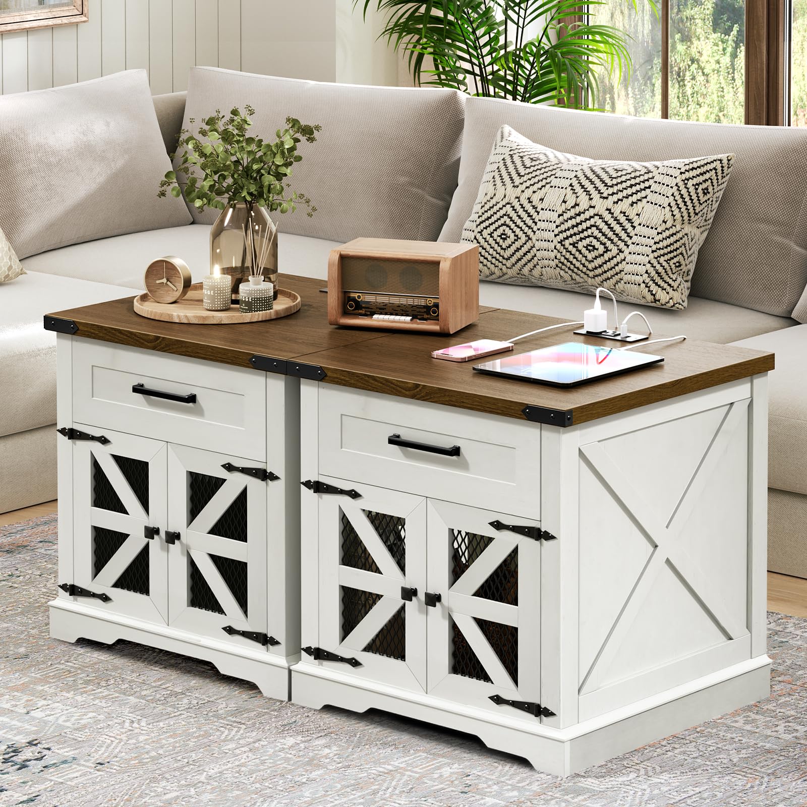 White Farmhouse End Table Set of 2, Large Square Sofa Side Table with Drawer & Charging Station