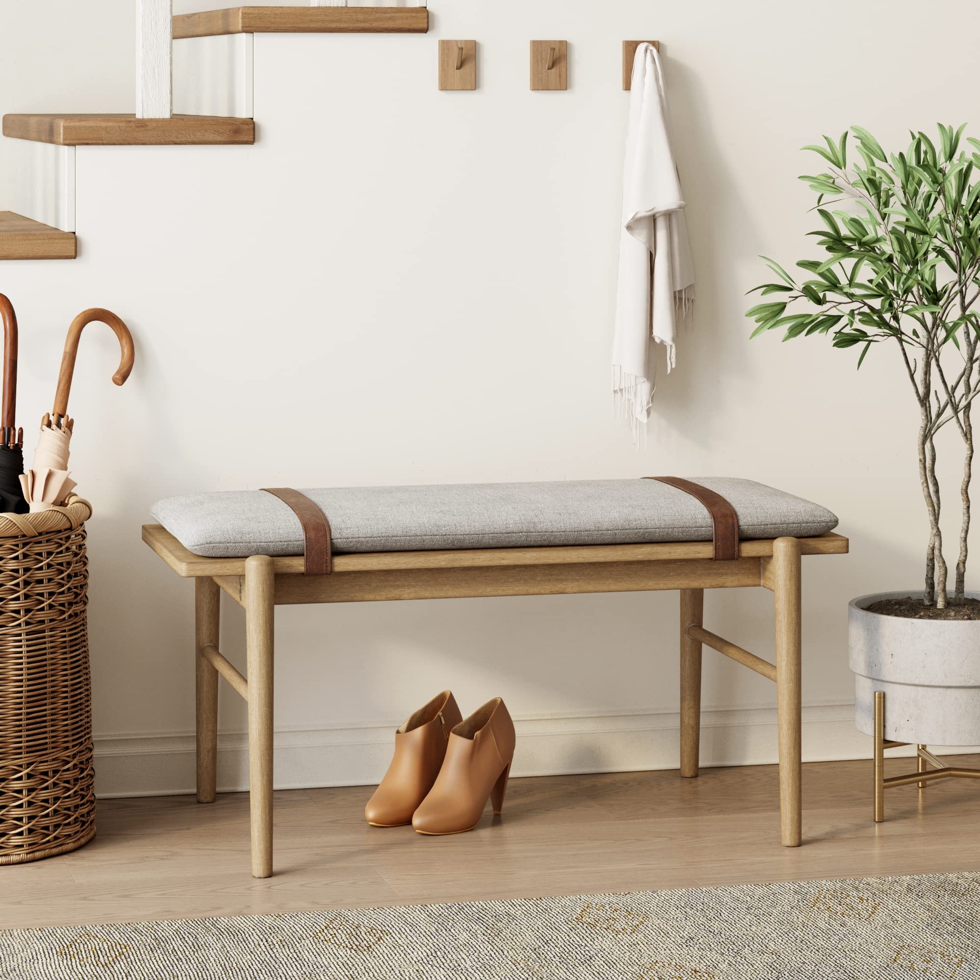 Gugan Mid-Century Wooden Bench Seat, Light Brown Bench with Ivory Cushion for Entryway, Bedroom