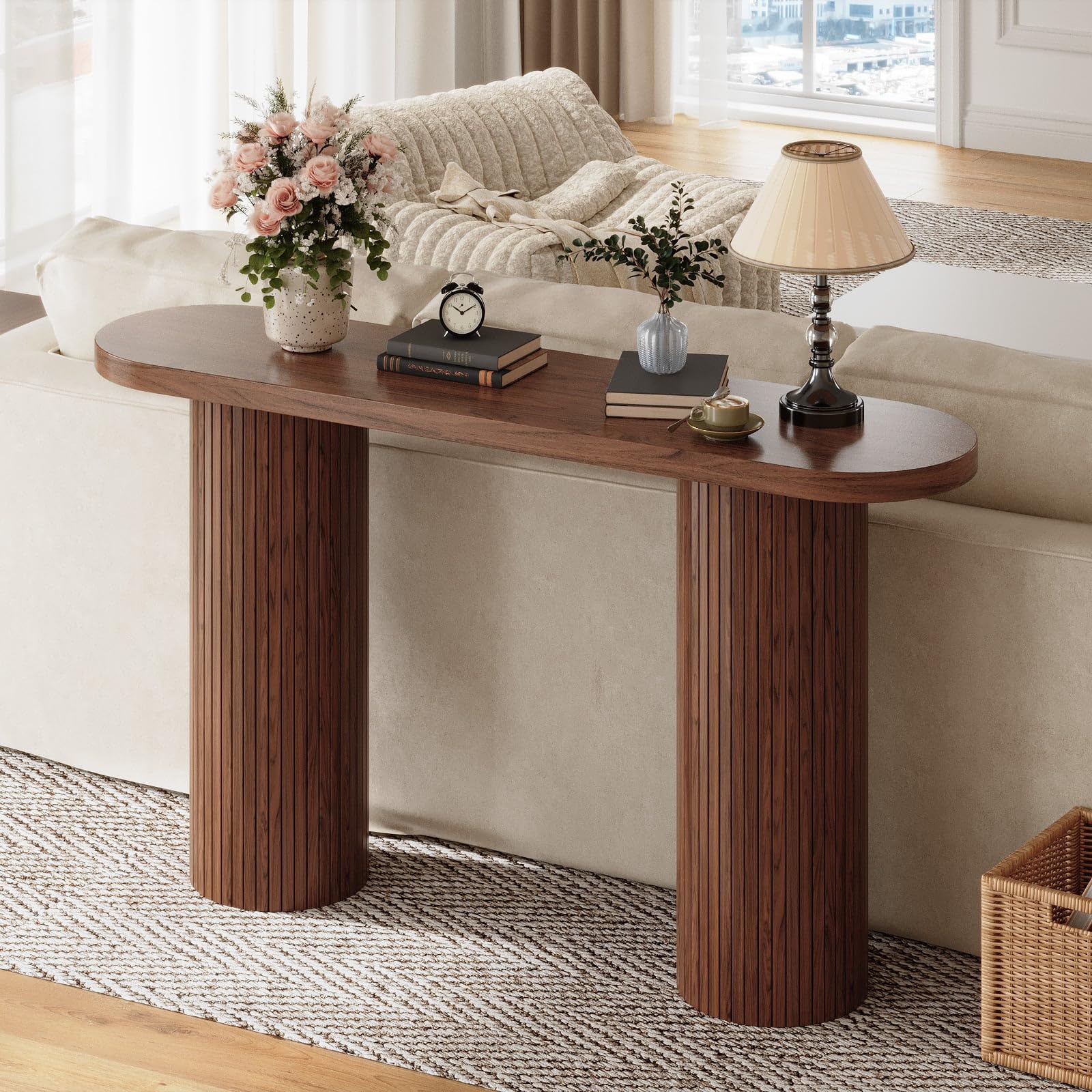 55" Fluted Console Table, Modern Wood Entryway Table for Behind Sofa or Hallway, Farmhouse Style, Walnut Finish