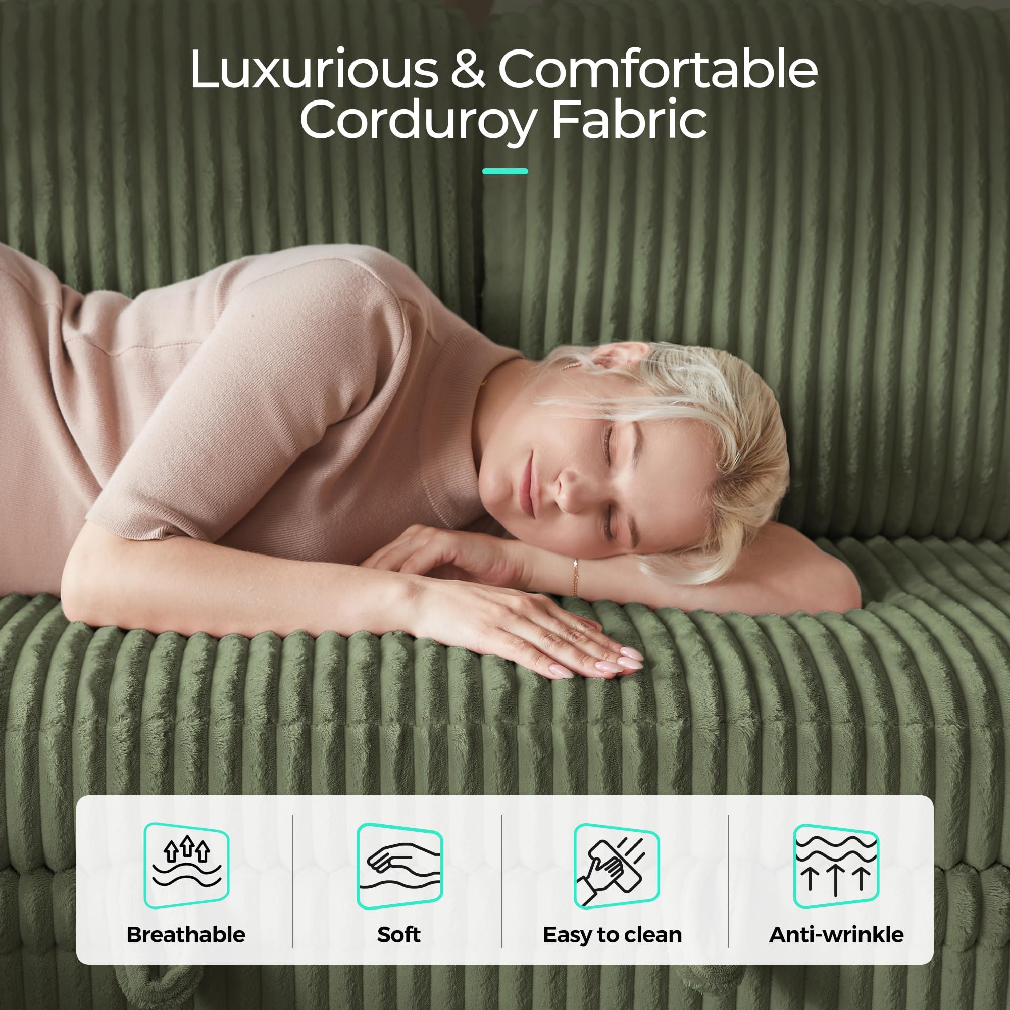 Convertible Sleeper Sofa with Storage Chaise, Corduroy Pull-Out Couch Bed with USB, L-Shaped Modular Sofa, Green