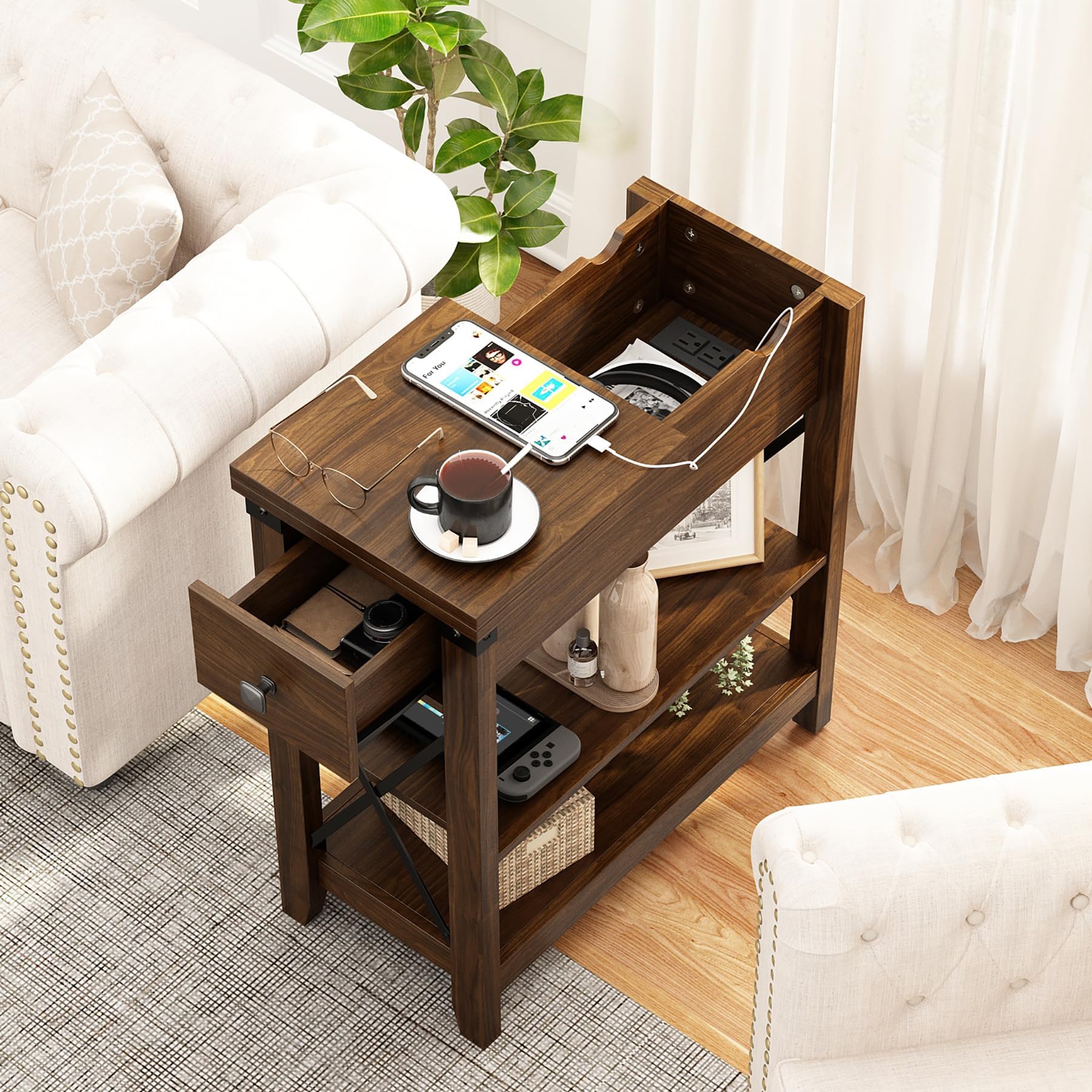 Walnut Narrow End Table Set of 2 with Charging Station, USB Ports, Flip Top Storage, for Small Spaces