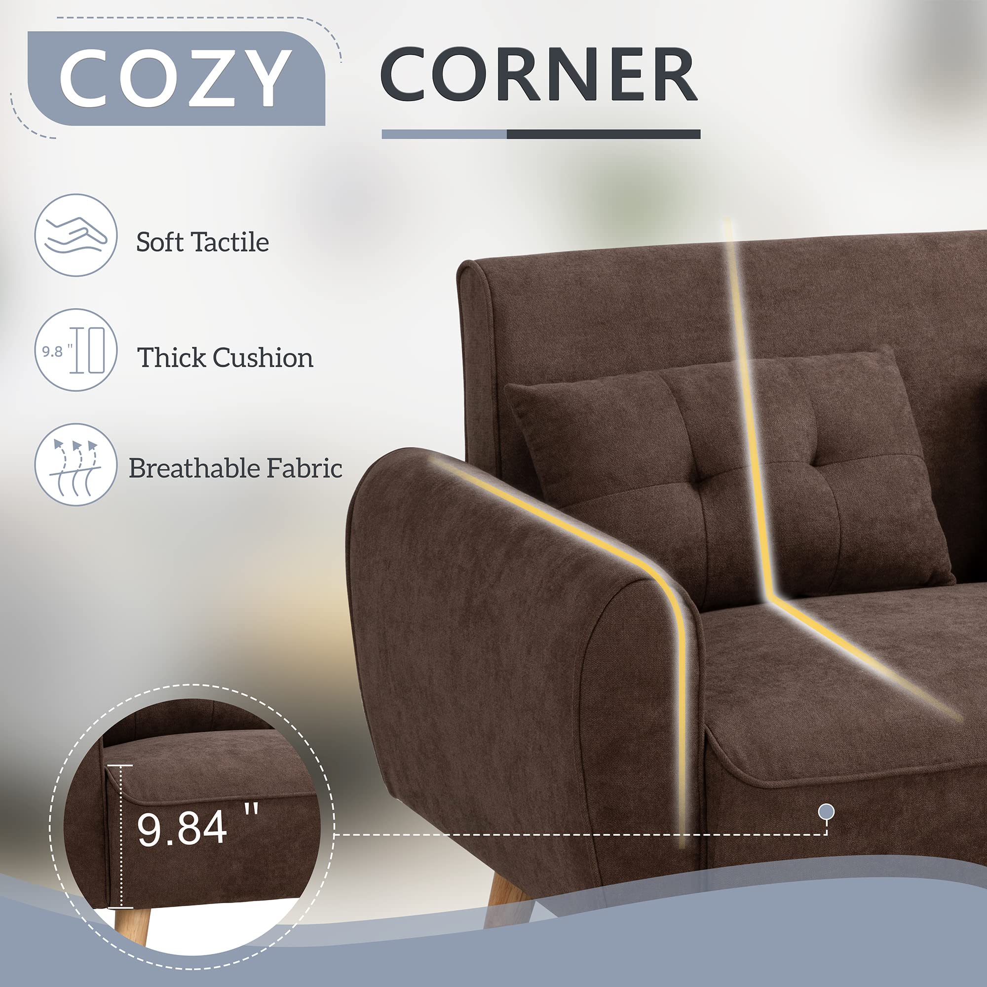 Small Modern Loveseat – Brown Mid-Century Fabric Couch with 2 Pillows for Living Room, Apartment or Studio