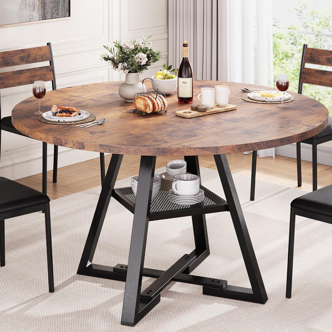 47" Round Pedestal Dining Table, Space-Saving Vintage Circle Table for Kitchen or Dining Room, Seats 4