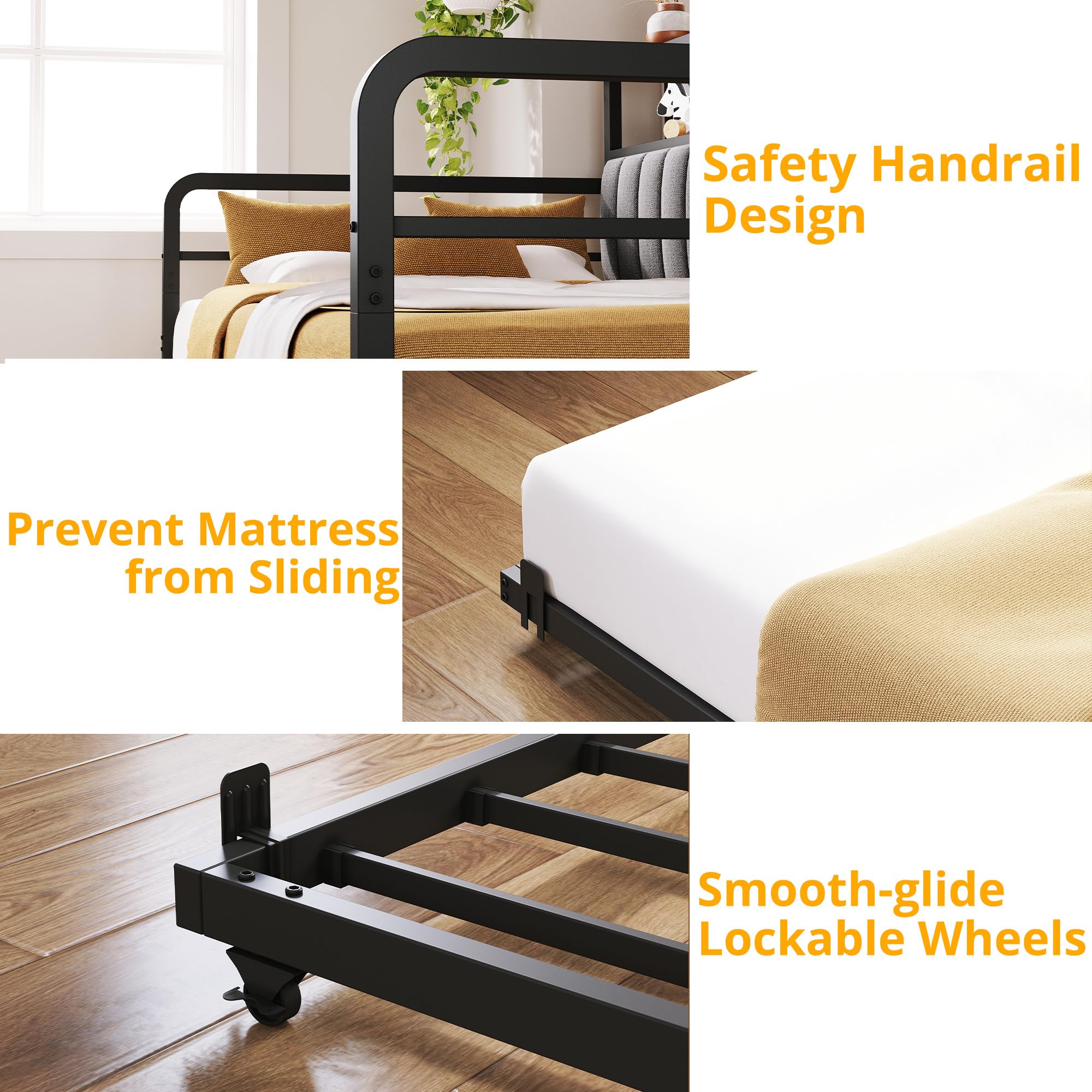Twin Daybed with Trundle – Upholstered Frame with LED Lights, Charging Station & Storage Shelves, Black Metal