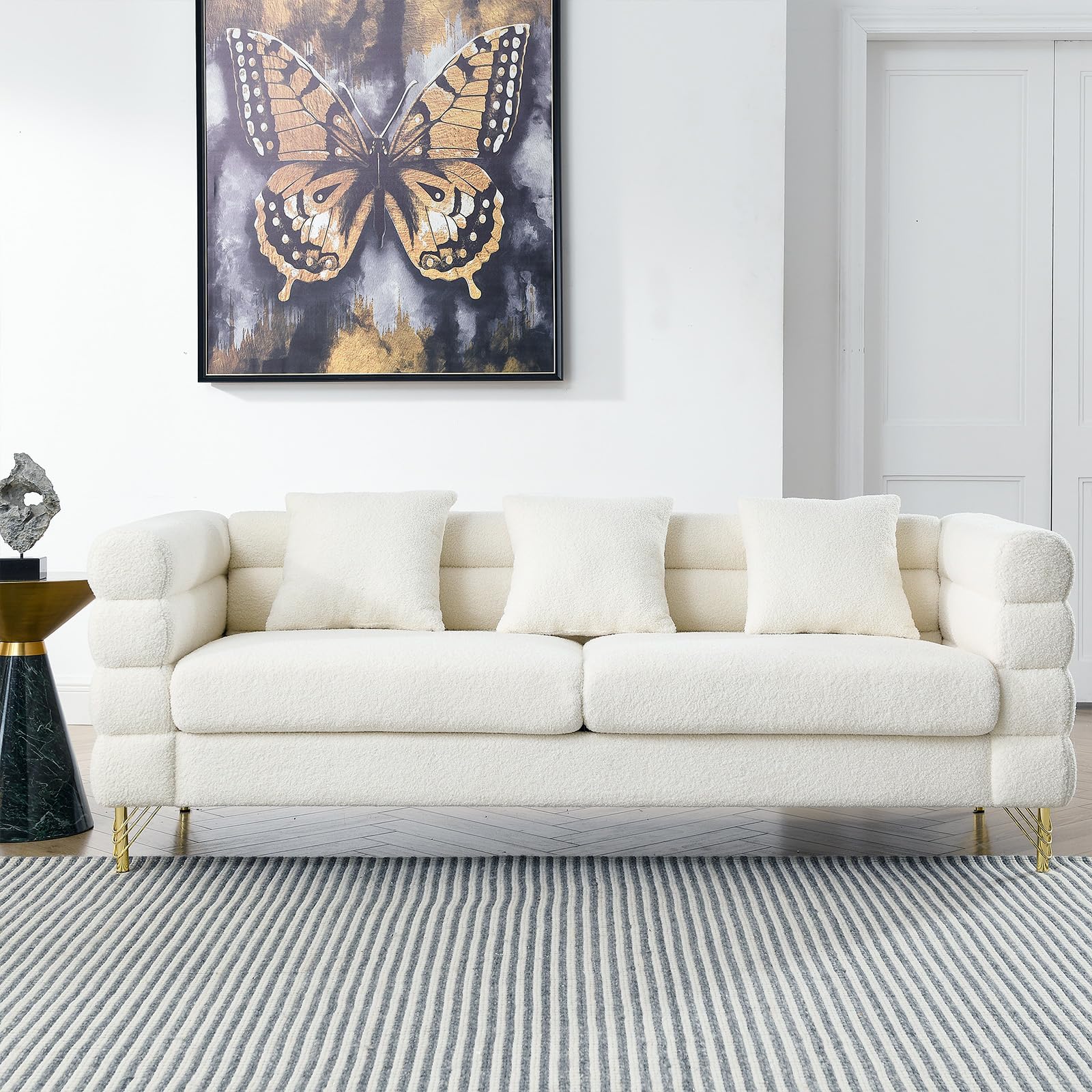 Modern Sofa Couch, 81" W Teddy Bouclé Oversized Loveseat Cloud Sofa, Upholstered 3-Seater Comfy Deep Seat Couch with Gold Legs & Pillows for Living Room, Bedroom, Office, Apartment(White)